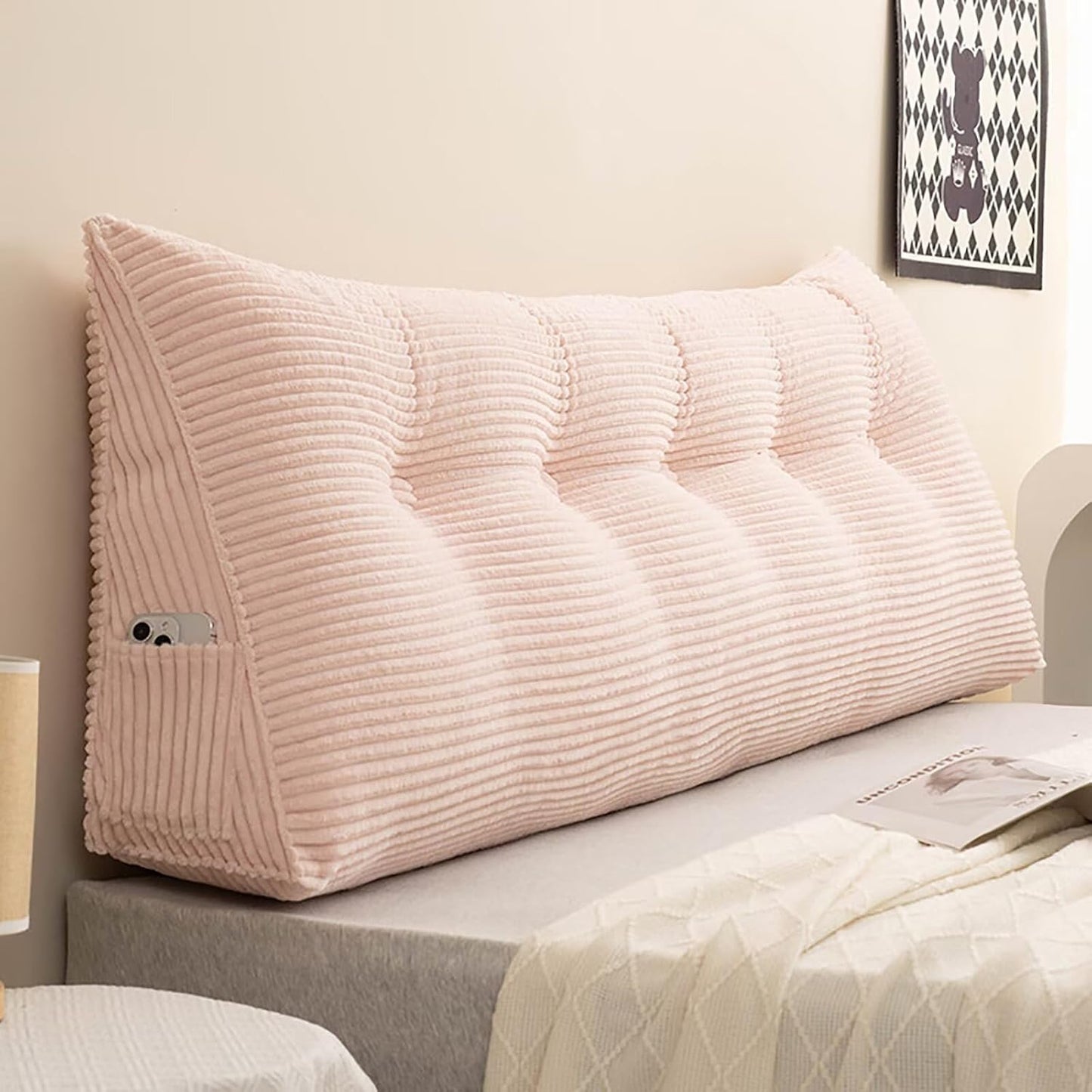 Bed Wedge Headboard Pillow Twin College Dorm Reading Pillow Back Support While Sitting in Bed Corduroy Triangular Lumbar Pillow Body Positioning Bed Pillow, Light Pink