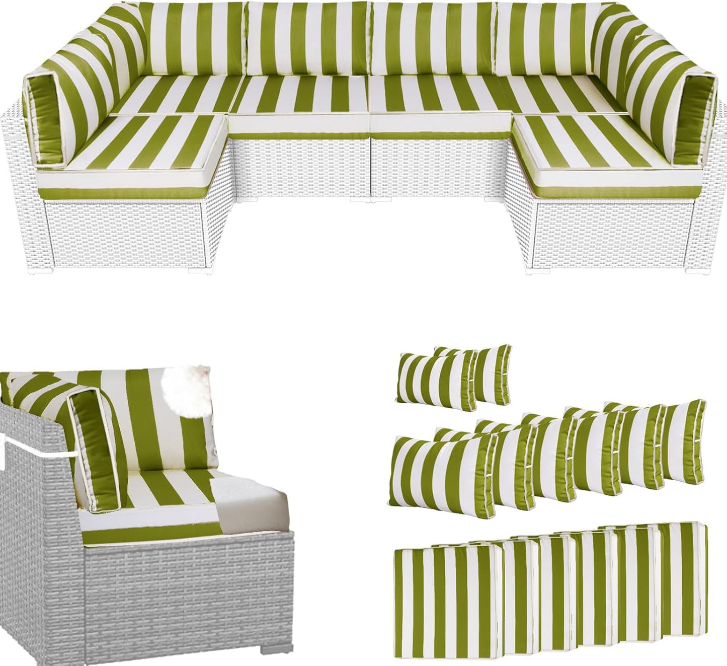 14Pcs Outdoor Sectional Replacement Cushion Set, Waterproof Furniture Cushion, Outside Couch Coushions for 6-Seat Wicker Conversation Sets(Liner&Cover) (Black and White Stripes)
