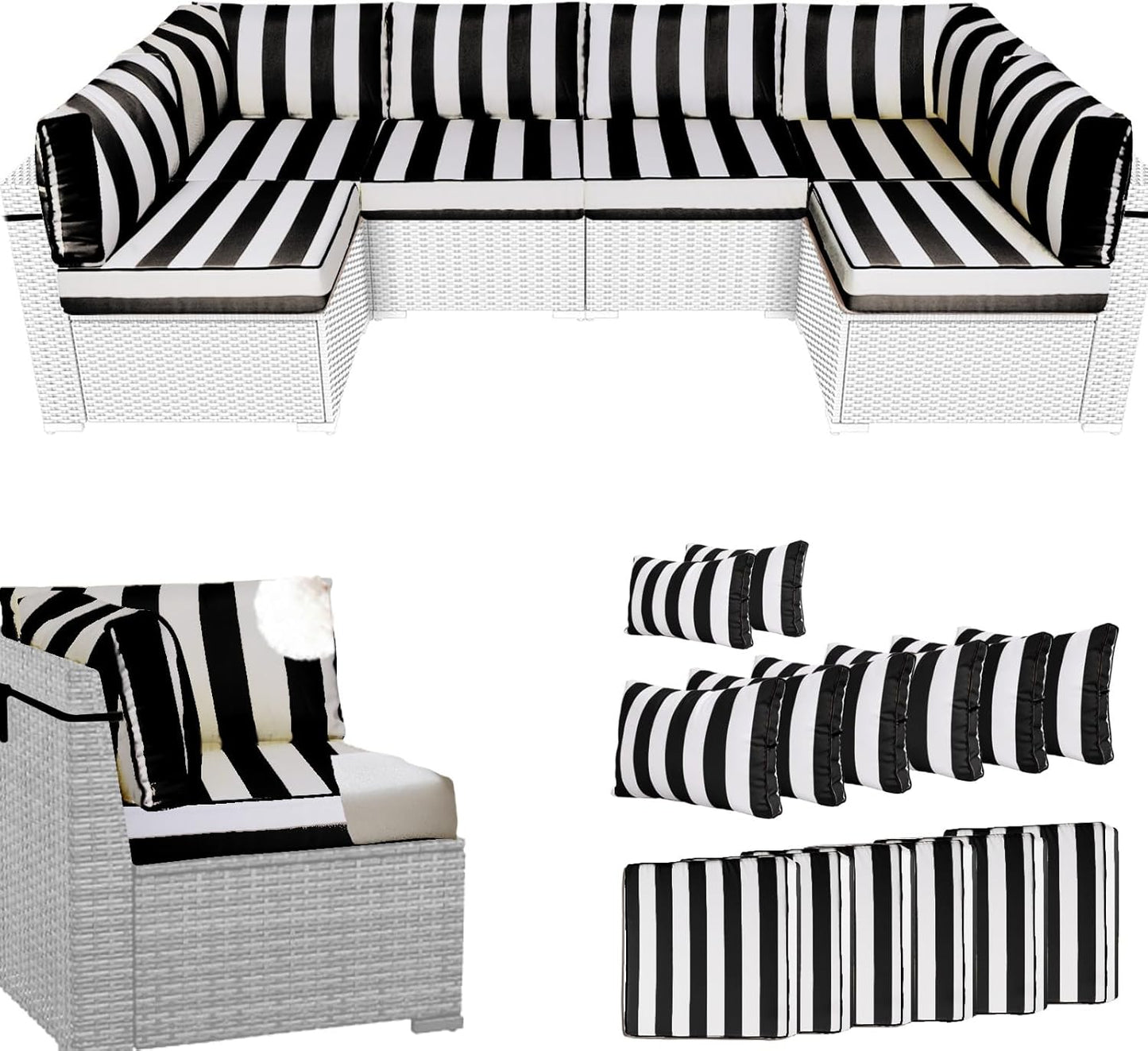 14Pcs Outdoor Sectional Replacement Cushion Set, Waterproof Furniture Cushion, Outside Couch Coushions for 6-Seat Wicker Conversation Sets(Liner&Cover) (Black and White Stripes)