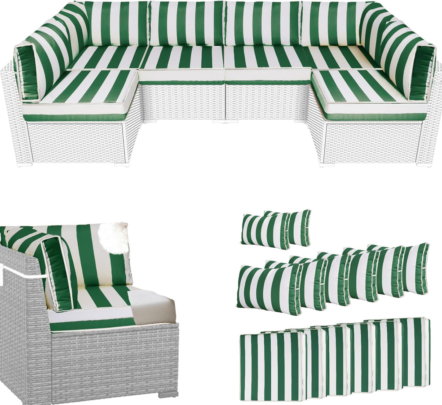 14Pcs Outdoor Sectional Replacement Cushion Set, Waterproof Furniture Cushion, Outside Couch Coushions for 6-Seat Wicker Conversation Sets(Liner&Cover) (Black and White Stripes)