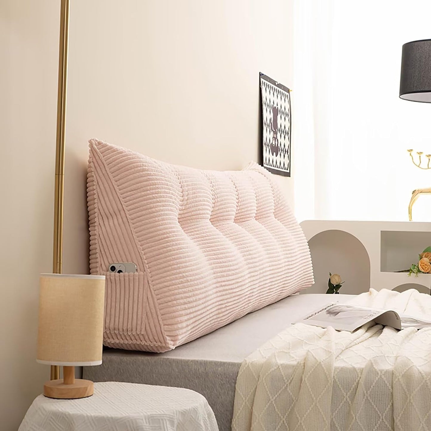 Bed Wedge Headboard Pillow Twin College Dorm Reading Pillow Back Support While Sitting in Bed Corduroy Triangular Lumbar Pillow Body Positioning Bed Pillow, Light Pink