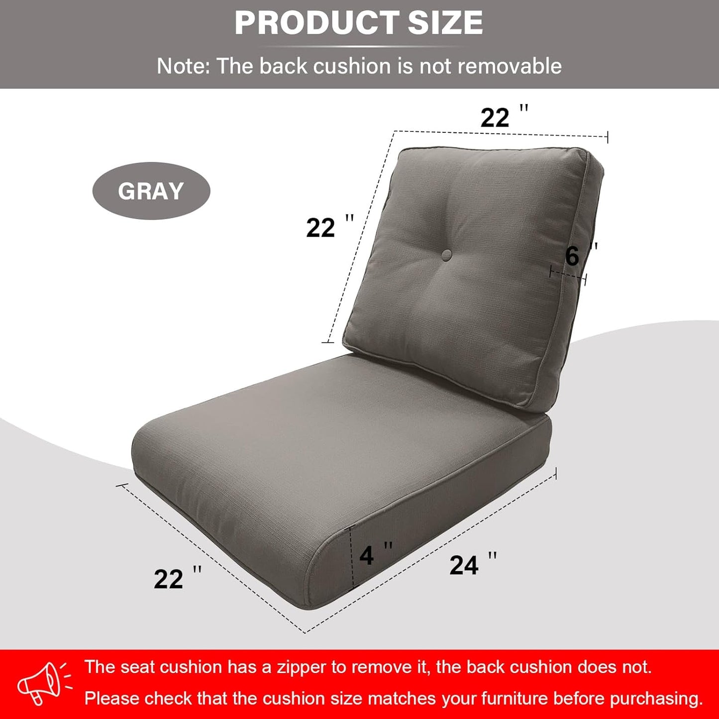 Outdoor Chair Cushions 5 Sets - 22 * 24" Patio Furniture Cushions with Removable Cover, 28D High Density Sponge Filling Outdoor Patio Cushions for Chairs, Rocker, Sofa and Loveseat - Grey