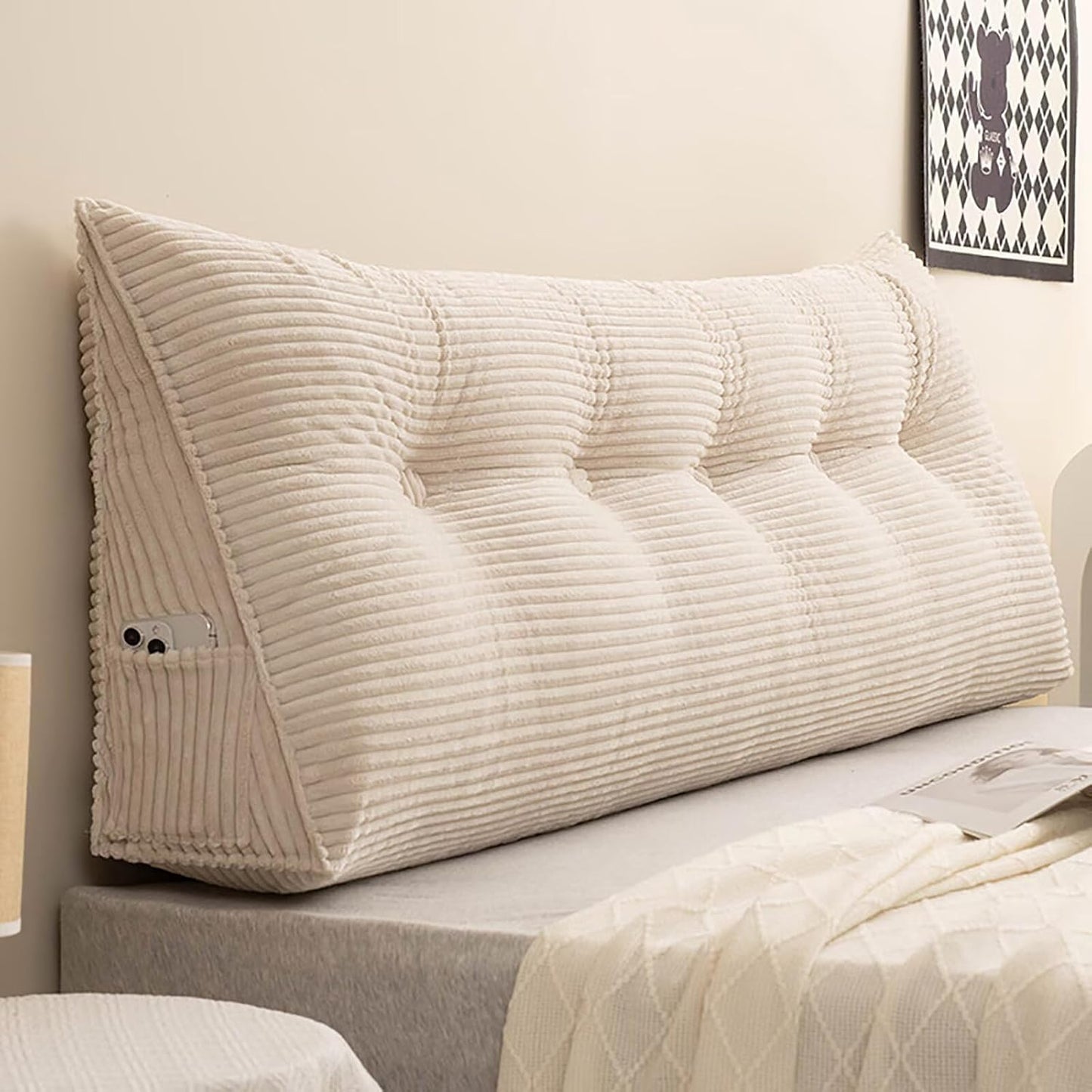 Bed Wedge Headboard Pillow Twin College Dorm Reading Pillow Back Support While Sitting in Bed Corduroy Triangular Lumbar Pillow Body Positioning Bed Pillow, Light Pink
