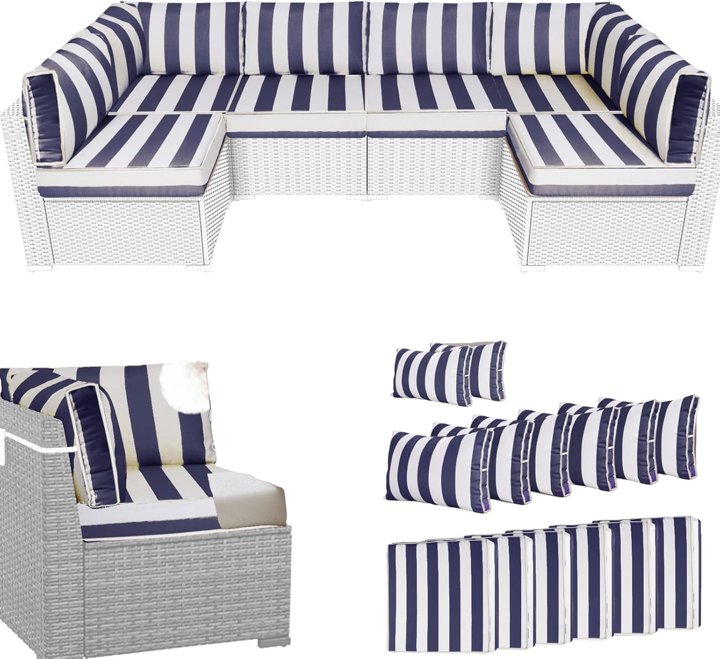 14Pcs Outdoor Sectional Replacement Cushion Set, Waterproof Furniture Cushion, Outside Couch Coushions for 6-Seat Wicker Conversation Sets(Liner&Cover) (Black and White Stripes)