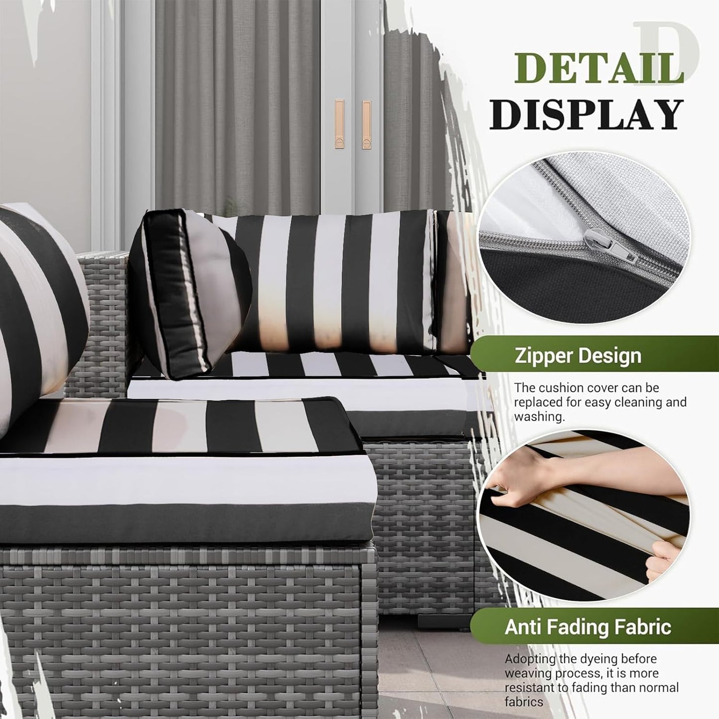 14Pcs Outdoor Sectional Replacement Cushion Set, Waterproof Furniture Cushion, Outside Couch Coushions for 6-Seat Wicker Conversation Sets(Liner&Cover) (Black and White Stripes)