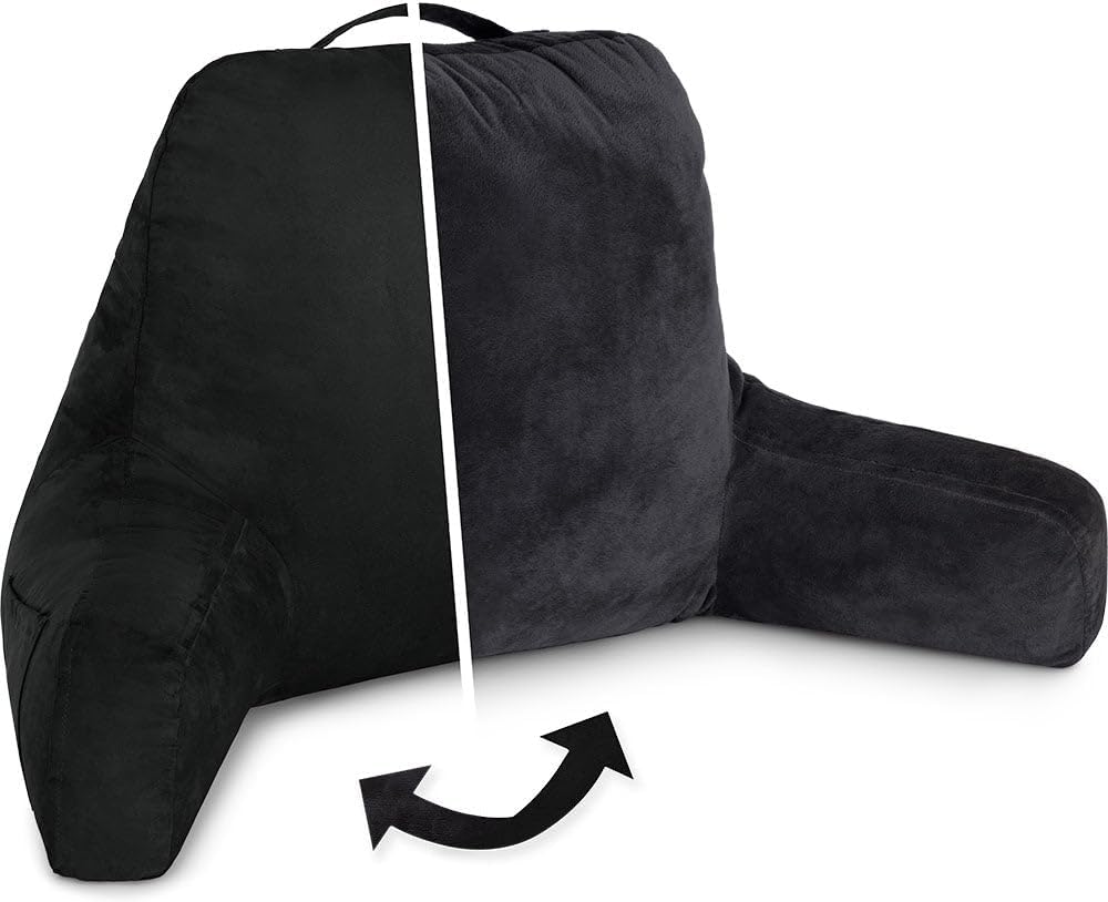 Husband Pillow Black, Original Reading Pillow in Bed Rest Chair, Shredded Memory Foam Large Lounge Cushion Adult Backrest with Arms, Comfy Back Support for Sit Sitting Up, Washable/Removable Cover