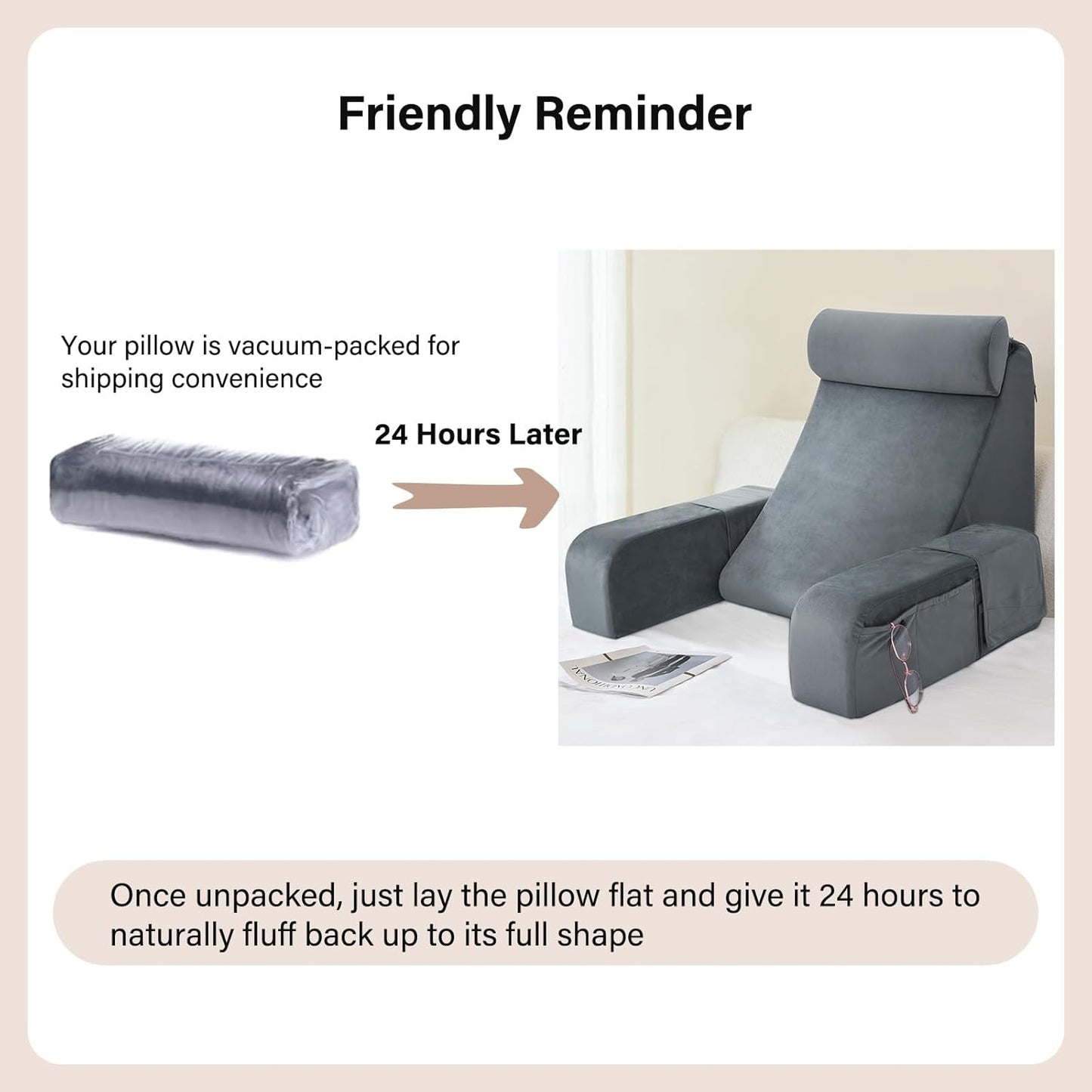 ENITYA Reading Pillow for Kids/Teens/Adults, 17" Back Pillow for Bed Sitting up, Bed Rest Pillow with Arms, Back Support Pillow for Watching TV/Reading/Resting, Dorm Room Essentials, Standard (Grey)