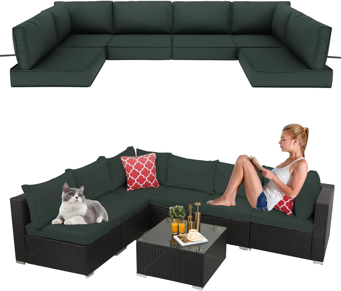 14 Pieces Outdoor Sectional Replacement Cushions for Patio Furniture, 4in Thick Outdoor Sofa Cushions for 6 Seat, Waterproof Deep Seat Couch Patio Cushions Set (Khaki)