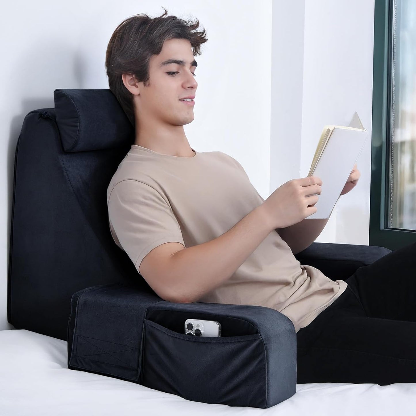 ENITYA Reading Pillow for Kids/Teens/Adults, 17" Back Pillow for Bed Sitting up, Bed Rest Pillow with Arms, Back Support Pillow for Watching TV/Reading/Resting, Dorm Room Essentials, Standard (Grey)