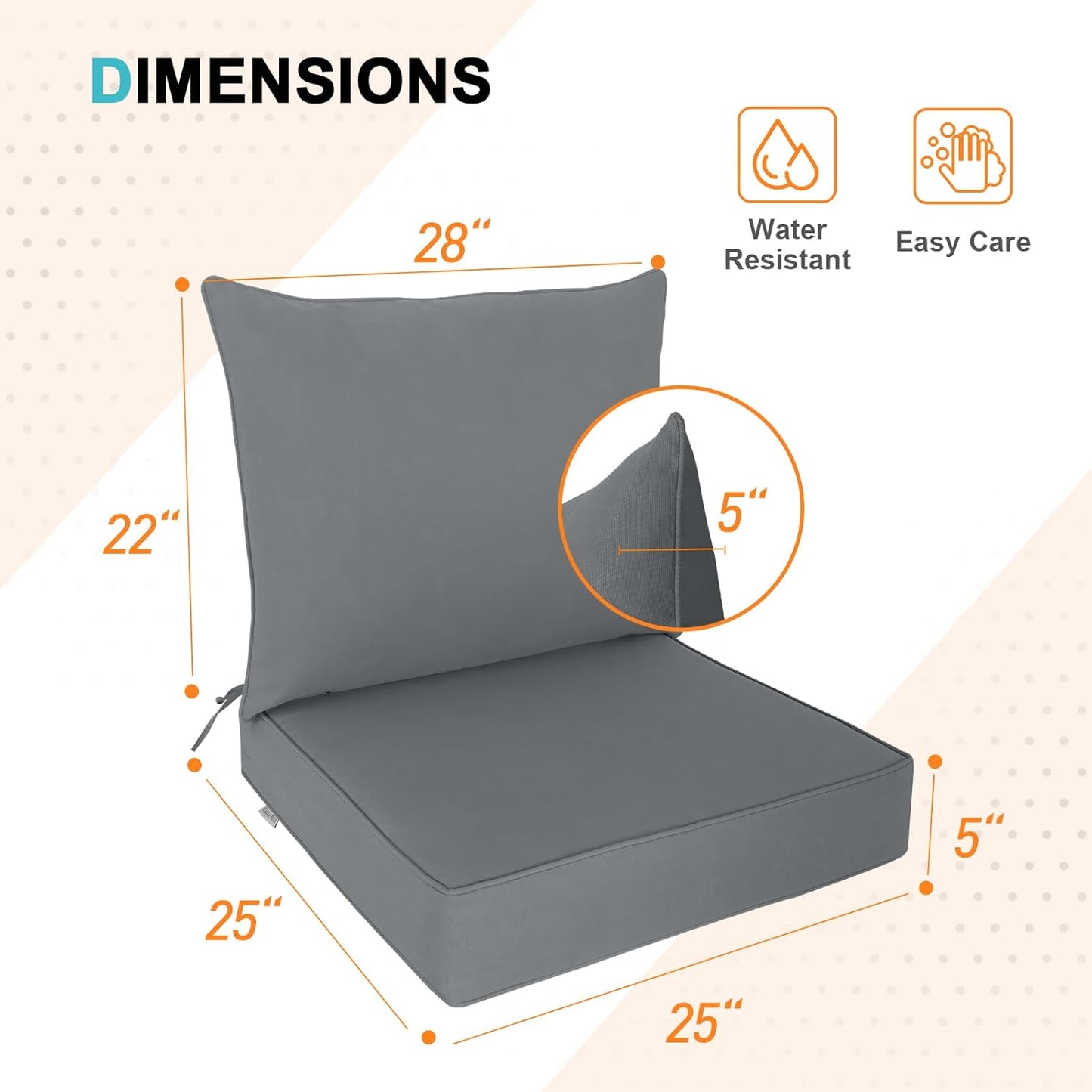 EAGLE PEAK Outdoor Deep Seat Patio Seat Cushion Set, 25 x 25 x 5 inch, 2-Piece Back Chair Cushion, Set of 4, Gray