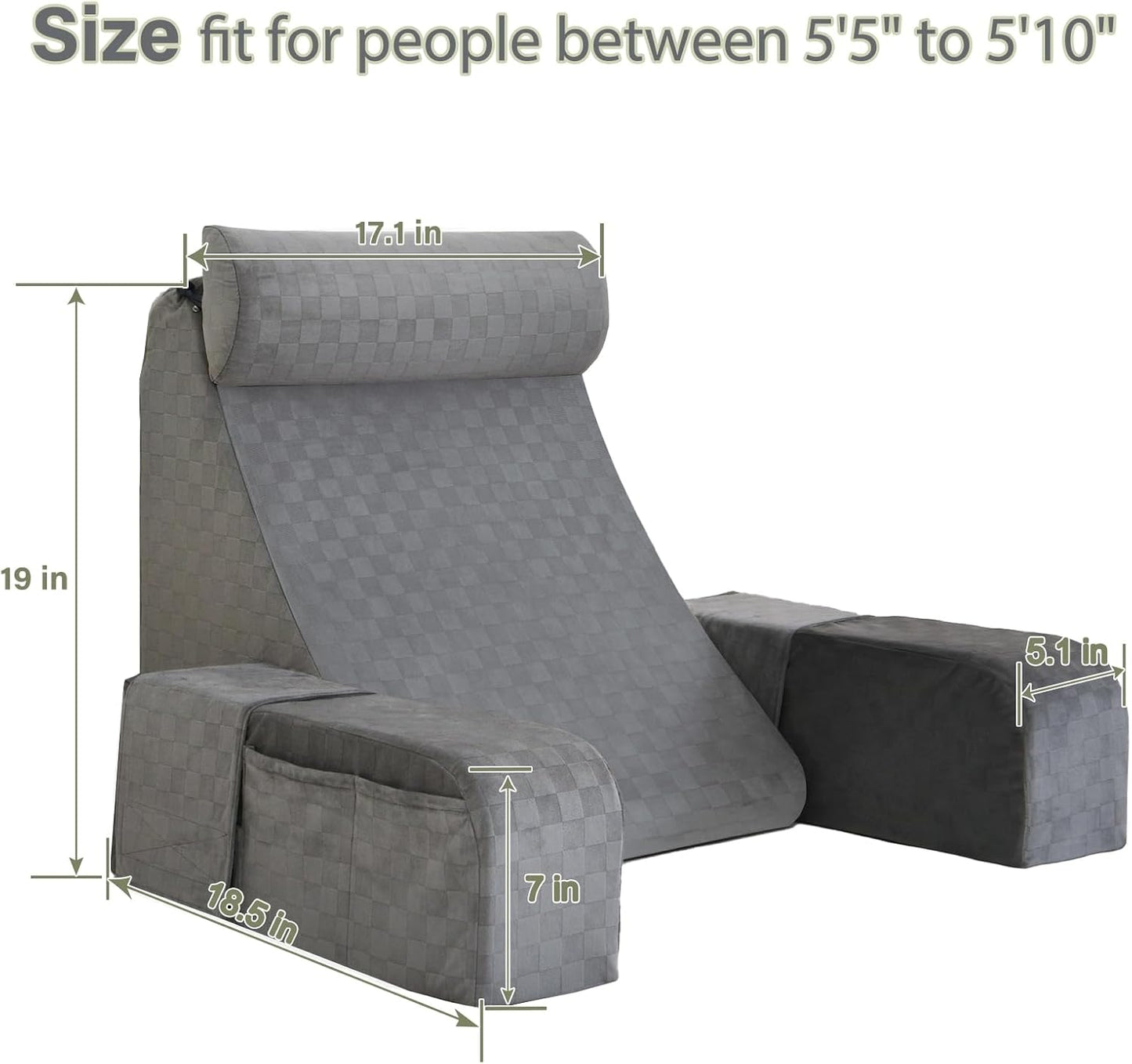 Vekkia Reading Pillow,Back Pillow for Bed Sitting Up Adult,Backrest Support Pillow with Arm and Large Pockets,Rest Chair for Reading,Gaming,Relaxing,Working or Watching TV in Bed&Floor-19in Grey