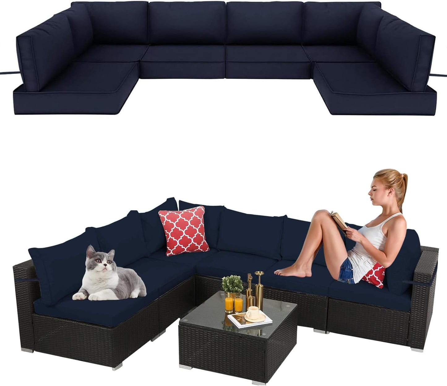 14 Pieces Outdoor Sectional Replacement Cushions for Patio Furniture, 4in Thick Outdoor Sofa Cushions for 6 Seat, Waterproof Deep Seat Couch Patio Cushions Set (Khaki)
