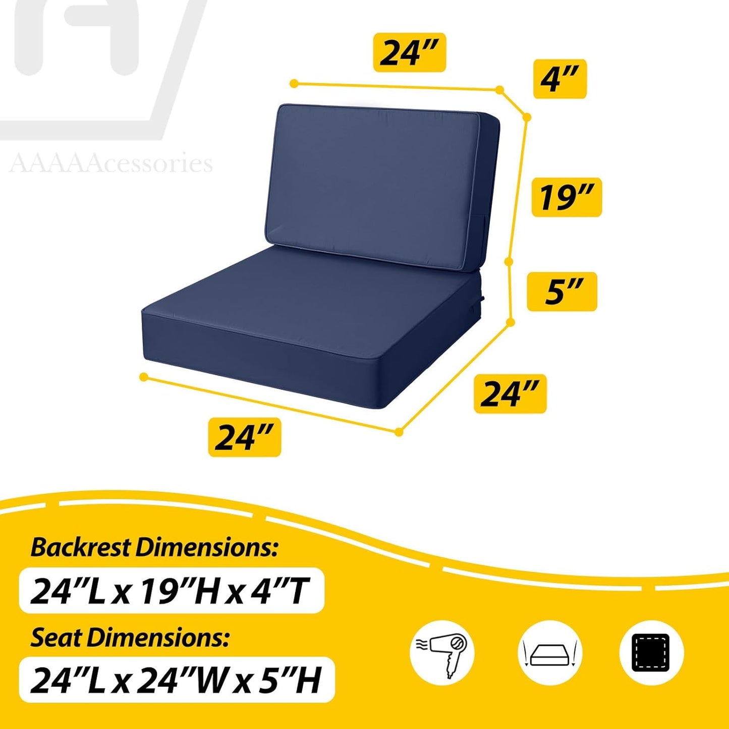 AAAAAcessories Outdoor Deep Seat Cushions, Foam Pillow, Waterproof, Fade-Resistant Patio Furniture Replacement Cushions, 24" x 24" x 5", Set of 4, Navy Blue