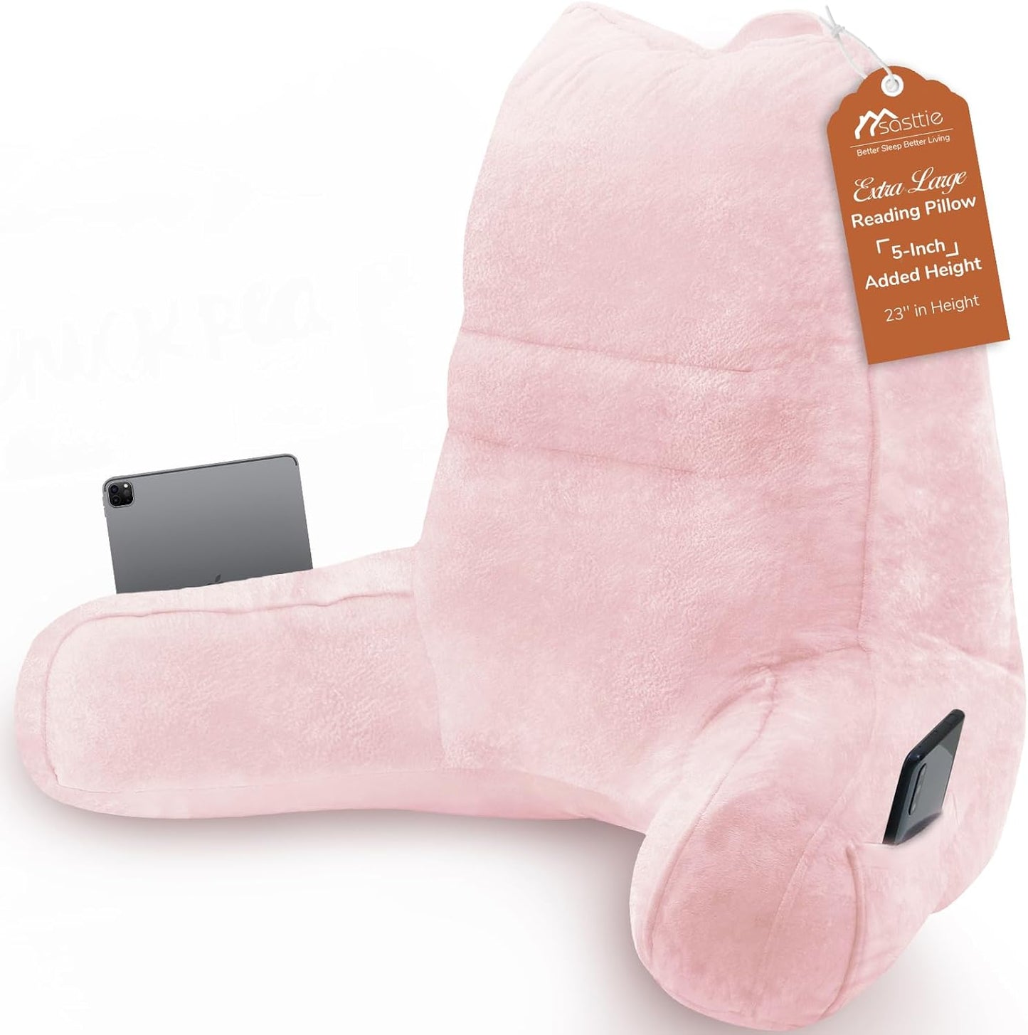 Sasttie Reading Pillow for Bed - 23 Inch, Back Pillow for Bed Sitting Up, Back-Rest Support Cushion with Side Pockets and Arms, Dorm Essentials, Oeko-Tex Certified, Pale Pink