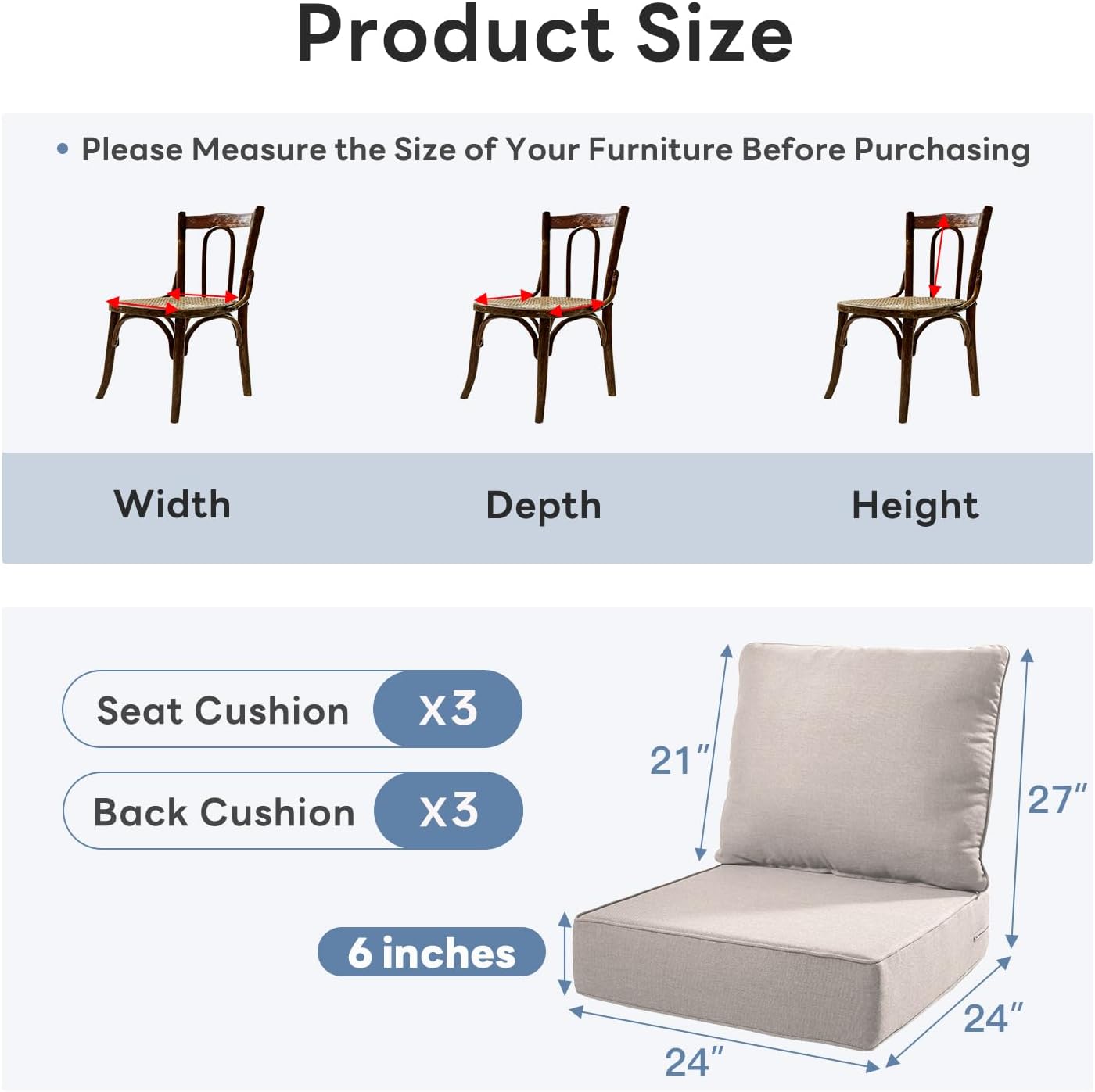6" Thicker Outdoor Chair Cushion 3 Sets - 24" *24" *6" Waterproof Patio Furniture Cushions with Removable Cover, 28D High Density Sponge Filling Thicken Outdoor Patio Cushions - Beige