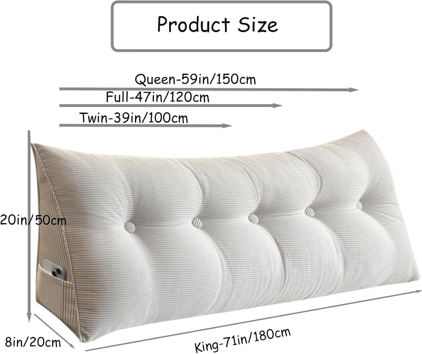 Large Bed Wedge Headboard Pillow Twin College Dorm Reading Pillow White Back Support Corduroy Triangular Lumbar Pillow Body Positioning Bed Pillow for Day Bed Bunk Bed