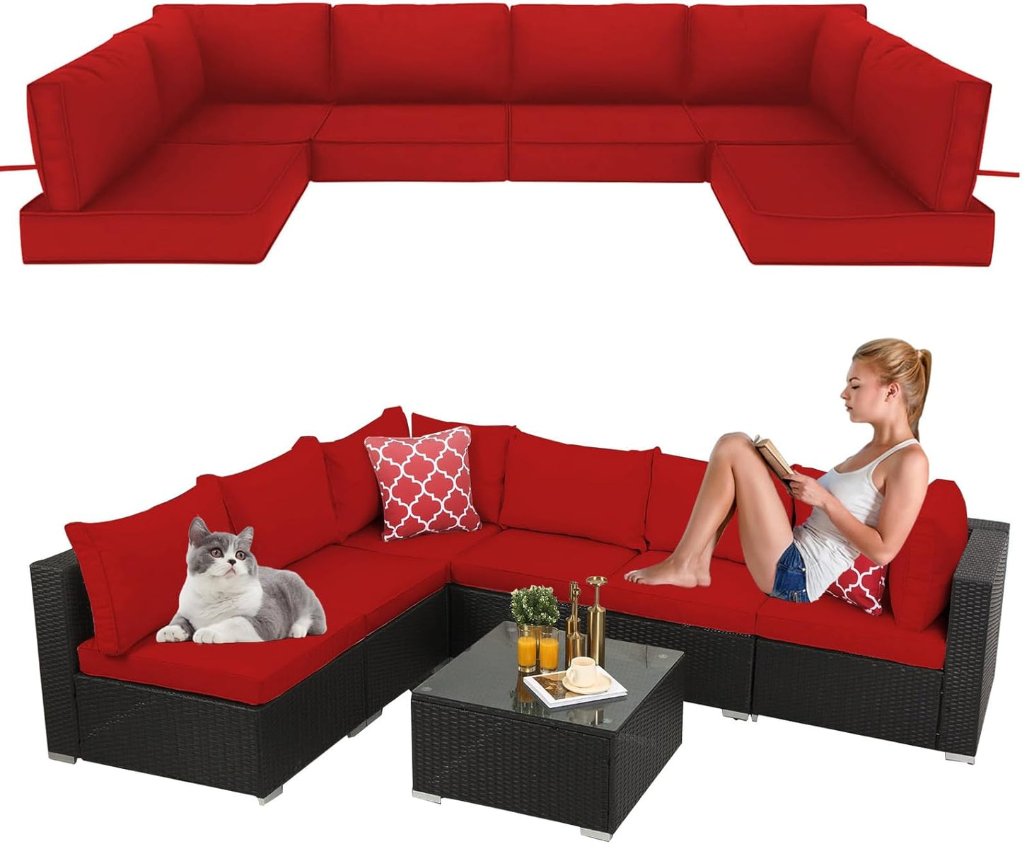 14 Pieces Outdoor Sectional Replacement Cushions for Patio Furniture, 4in Thick Outdoor Sofa Cushions for 6 Seat, Waterproof Deep Seat Couch Patio Cushions Set (Khaki)