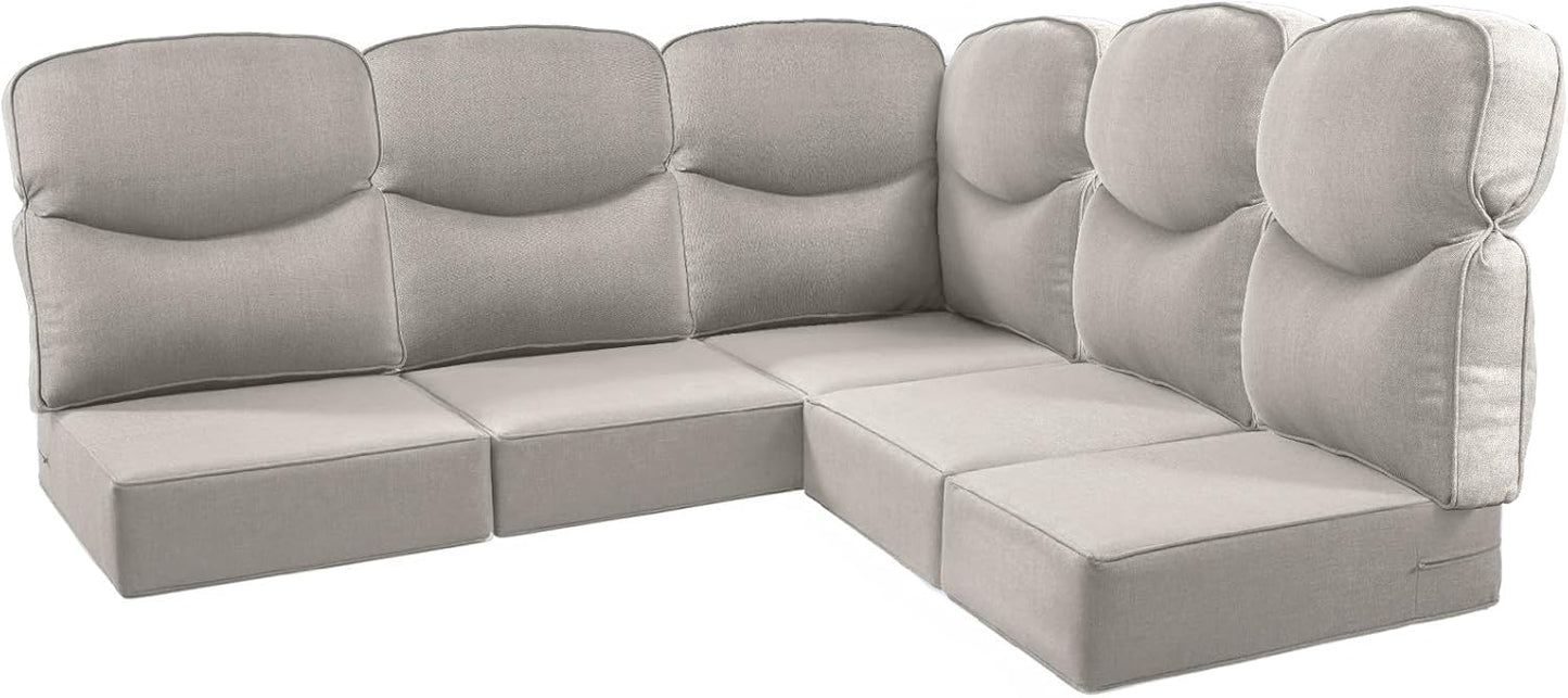 Luxury 24x24x6 Outdoor Cushions for 5-Seat Sectional Sofa Set of 5 - Water-Repellent 11-Piece Patio Cushion Set for Outside Rattan Wicker Loveseat Chair L-Shape Couch - Beige/Classic