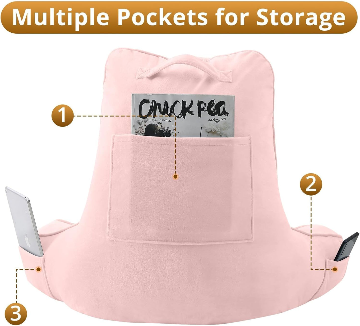 Sasttie Reading Pillow for Bed - 23 Inch, Back Pillow for Bed Sitting Up, Back-Rest Support Cushion with Side Pockets and Arms, Dorm Essentials, Oeko-Tex Certified, Pale Pink