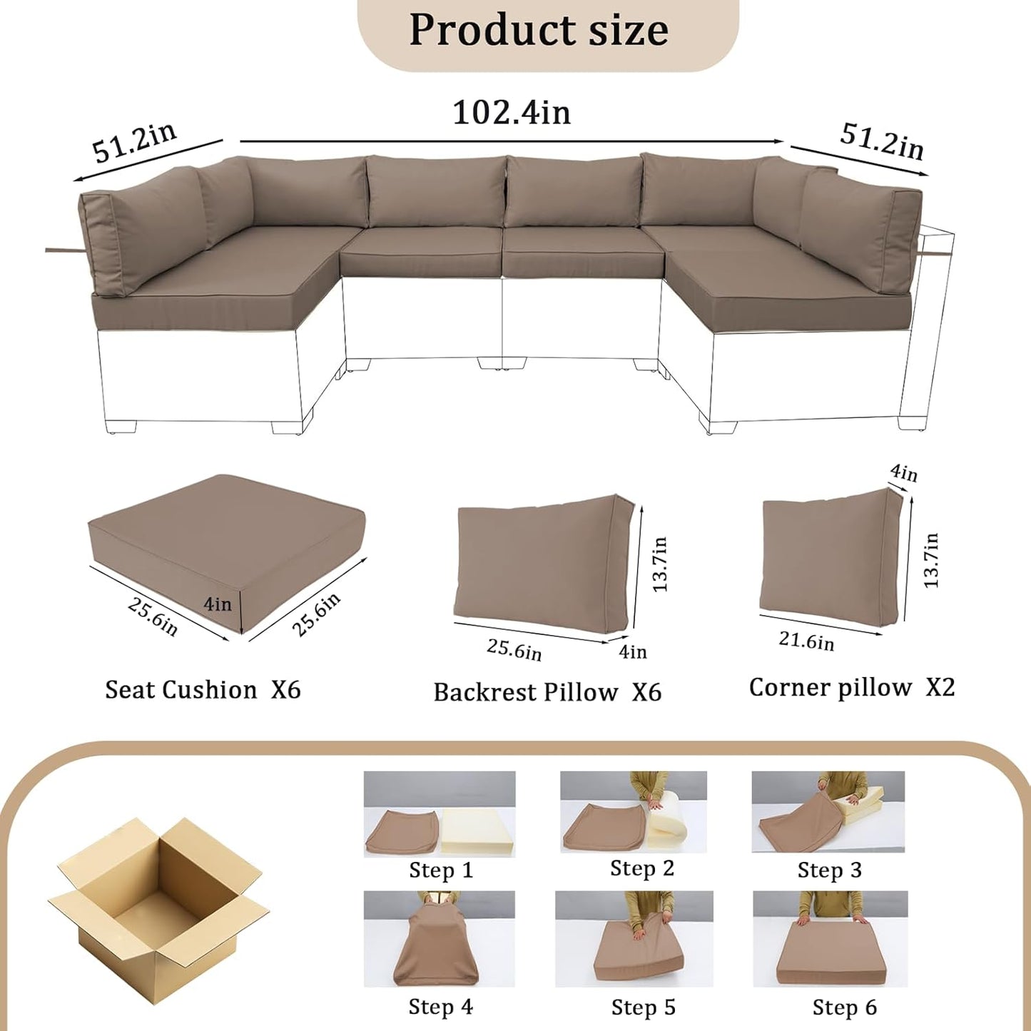 14 Pieces Outdoor Sectional Replacement Cushions for Patio Furniture, 4in Thick Outdoor Sofa Cushions for 6 Seat, Waterproof Deep Seat Couch Patio Cushions Set (Khaki)