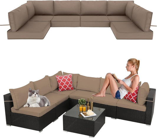 14 Pieces Outdoor Sectional Replacement Cushions for Patio Furniture, 4in Thick Outdoor Sofa Cushions for 6 Seat, Waterproof Deep Seat Couch Patio Cushions Set (Khaki)