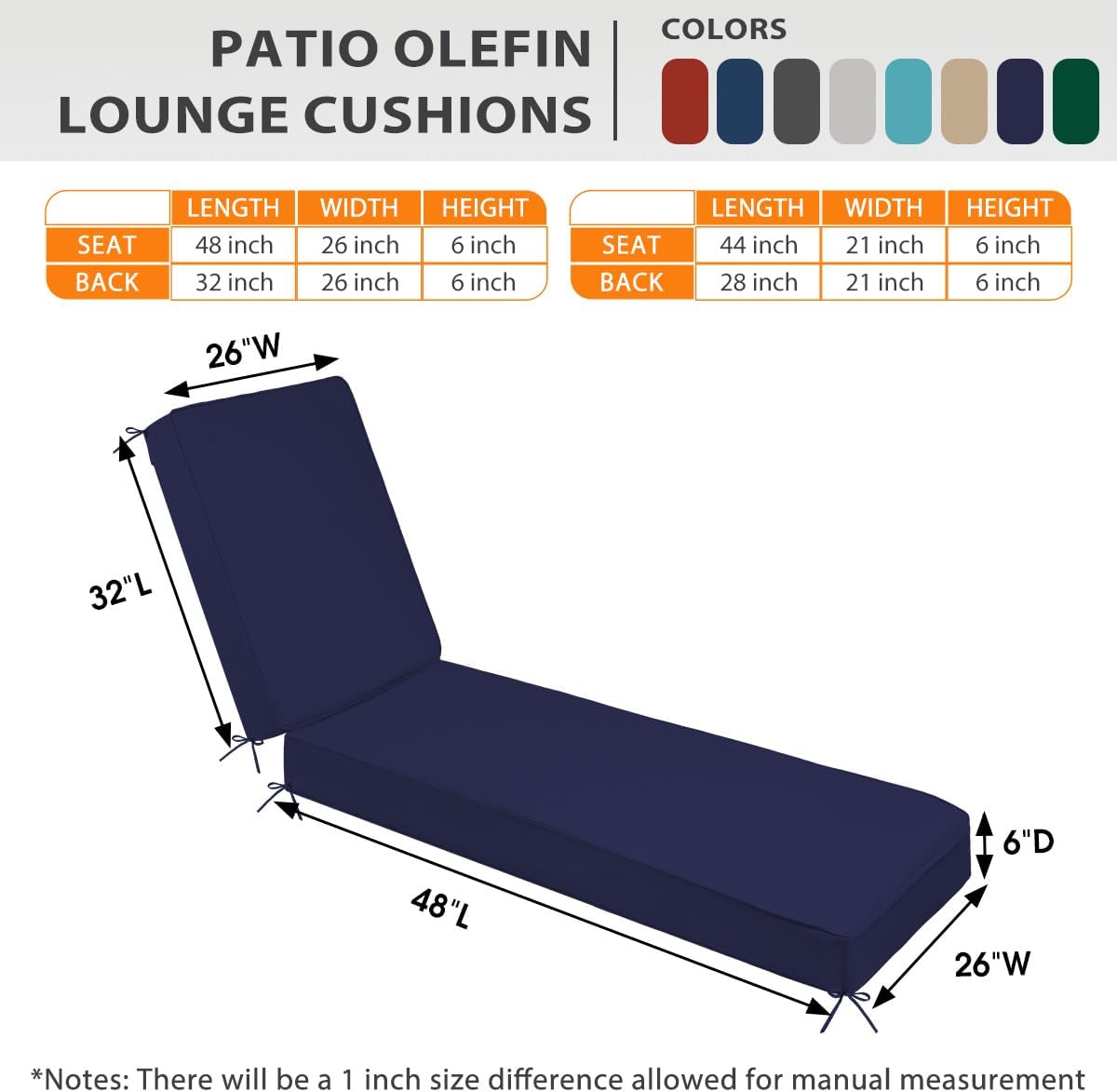 Sundale Outdoor Olefin Chaise Lounge Cushion Set of 2, Water-Resistant Patio Lounge Chair Cushion, Thick Lounger Pad with 8 Straps Navy Blue, 80 x 26 x 6 Inches