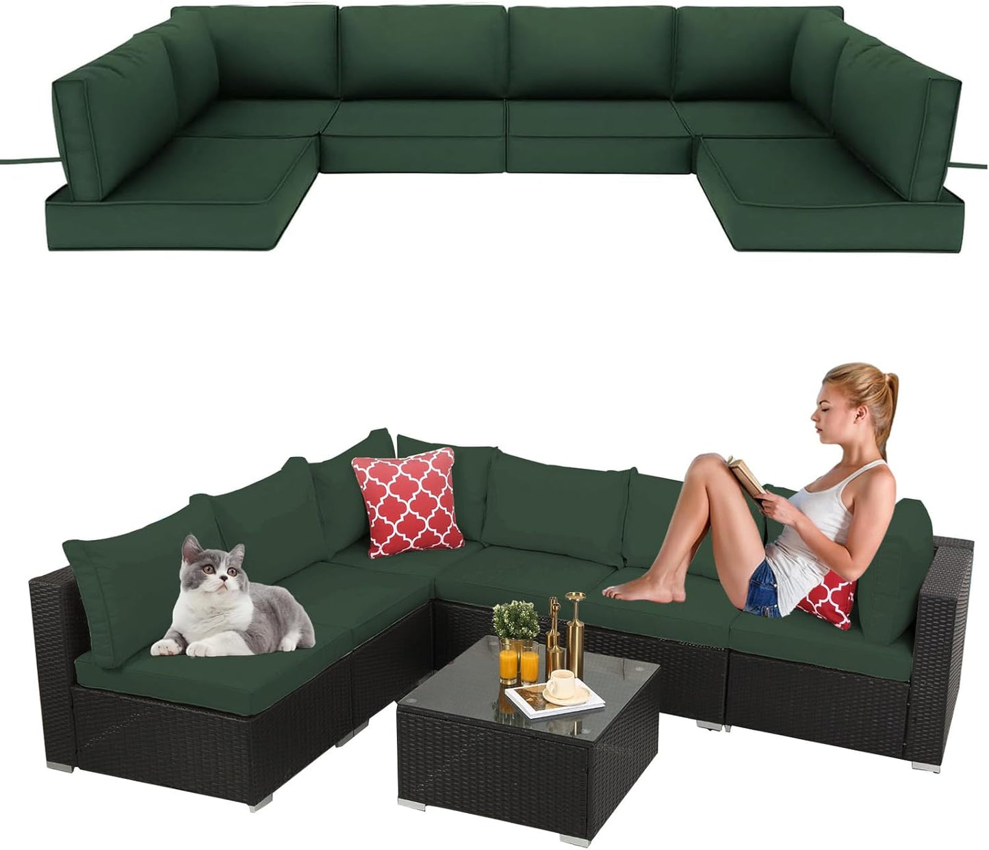 14 Pieces Outdoor Sectional Replacement Cushions for Patio Furniture, 4in Thick Outdoor Sofa Cushions for 6 Seat, Waterproof Deep Seat Couch Patio Cushions Set (Khaki)