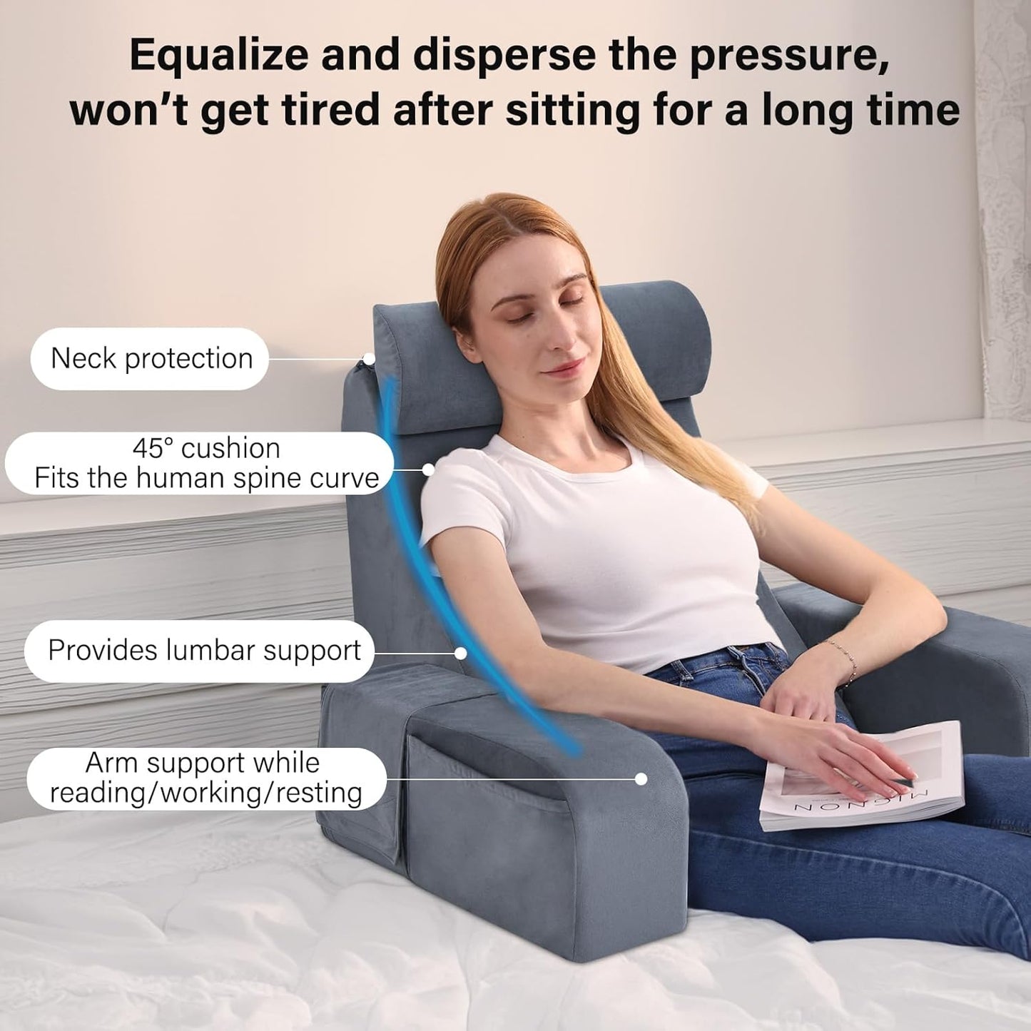 ENITYA Reading Pillow for Kids/Teens/Adults, 17" Back Pillow for Bed Sitting up, Bed Rest Pillow with Arms, Back Support Pillow for Watching TV/Reading/Resting, Dorm Room Essentials, Standard (Grey)