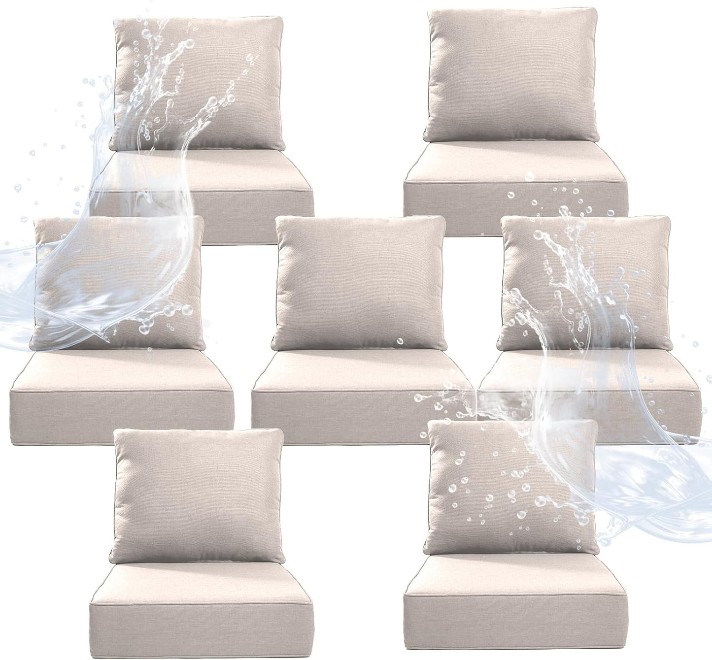 6" Thicker Outdoor Chair Cushion 3 Sets - 24" *24" *6" Waterproof Patio Furniture Cushions with Removable Cover, 28D High Density Sponge Filling Thicken Outdoor Patio Cushions - Beige