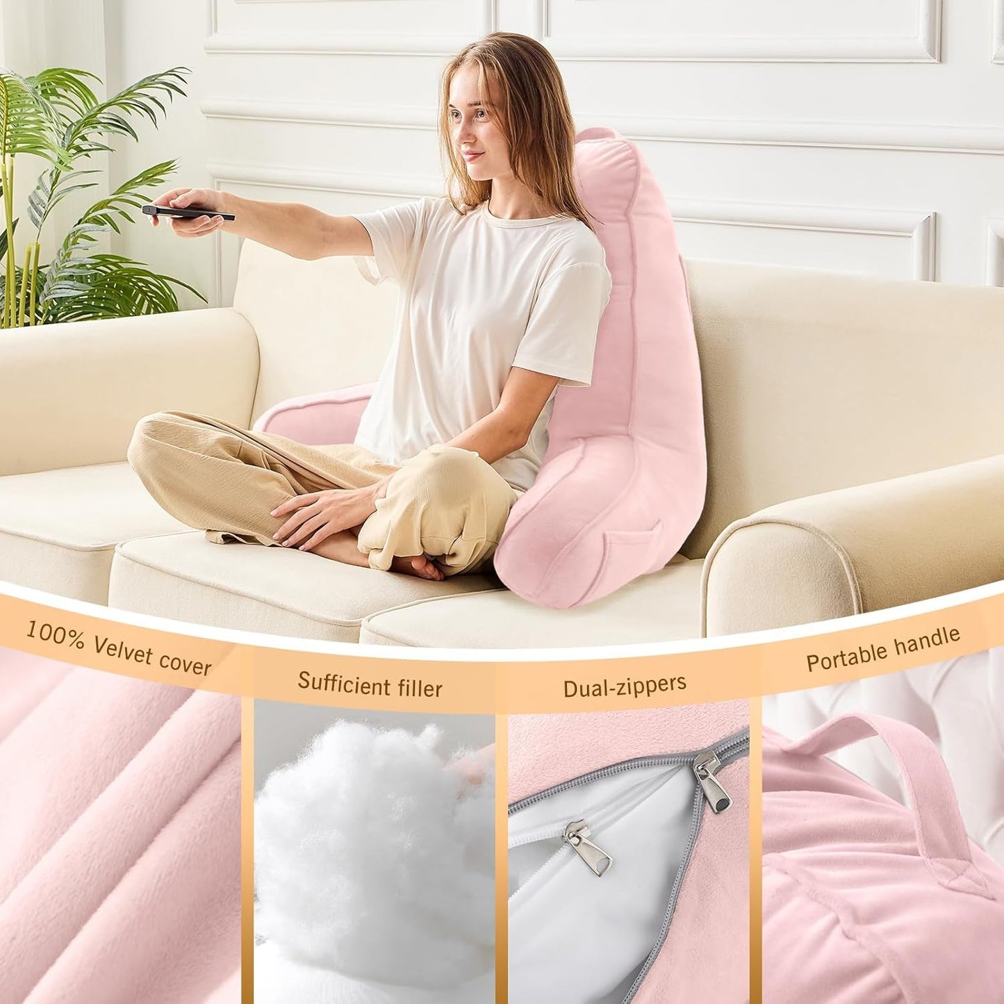 Sasttie Reading Pillow for Bed - 23 Inch, Back Pillow for Bed Sitting Up, Back-Rest Support Cushion with Side Pockets and Arms, Dorm Essentials, Oeko-Tex Certified, Pale Pink