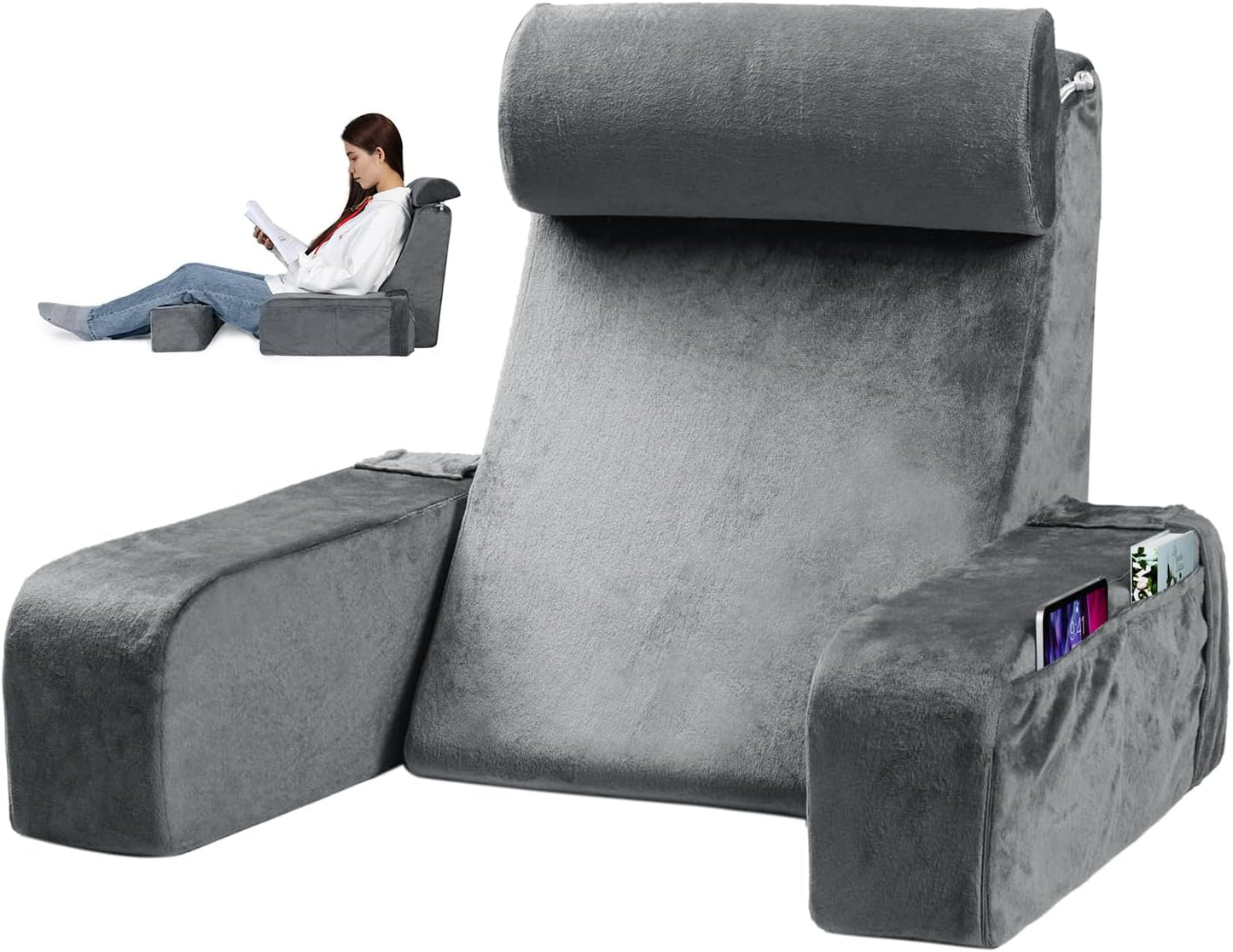 Reading Pillow for Sitting in Bed - Back Pillow for Sitting Up - Back Support Pillow with Detachable Neck Roll & Arms - Full Support - Reading & Bed Rest Pillows for Watching TV/Reading/Gaming
