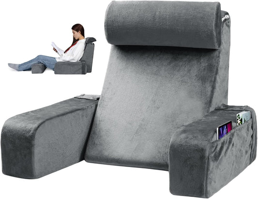 Reading Pillow for Sitting in Bed - Back Pillow for Sitting Up - Back Support Pillow with Detachable Neck Roll & Arms - Full Support - Reading & Bed Rest Pillows for Watching TV/Reading/Gaming