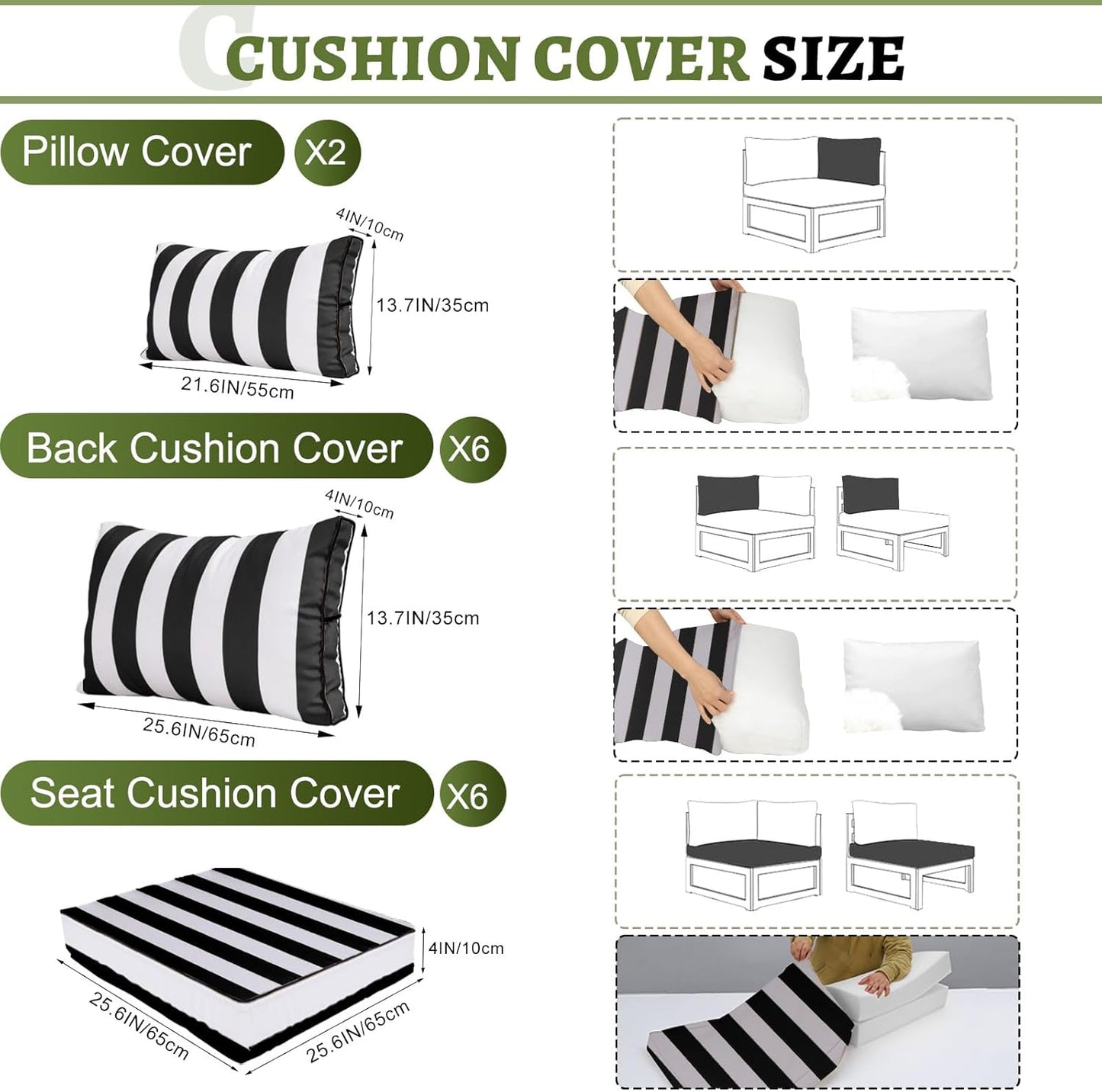 14Pcs Outdoor Sectional Replacement Cushion Set, Waterproof Furniture Cushion, Outside Couch Coushions for 6-Seat Wicker Conversation Sets(Liner&Cover) (Black and White Stripes)
