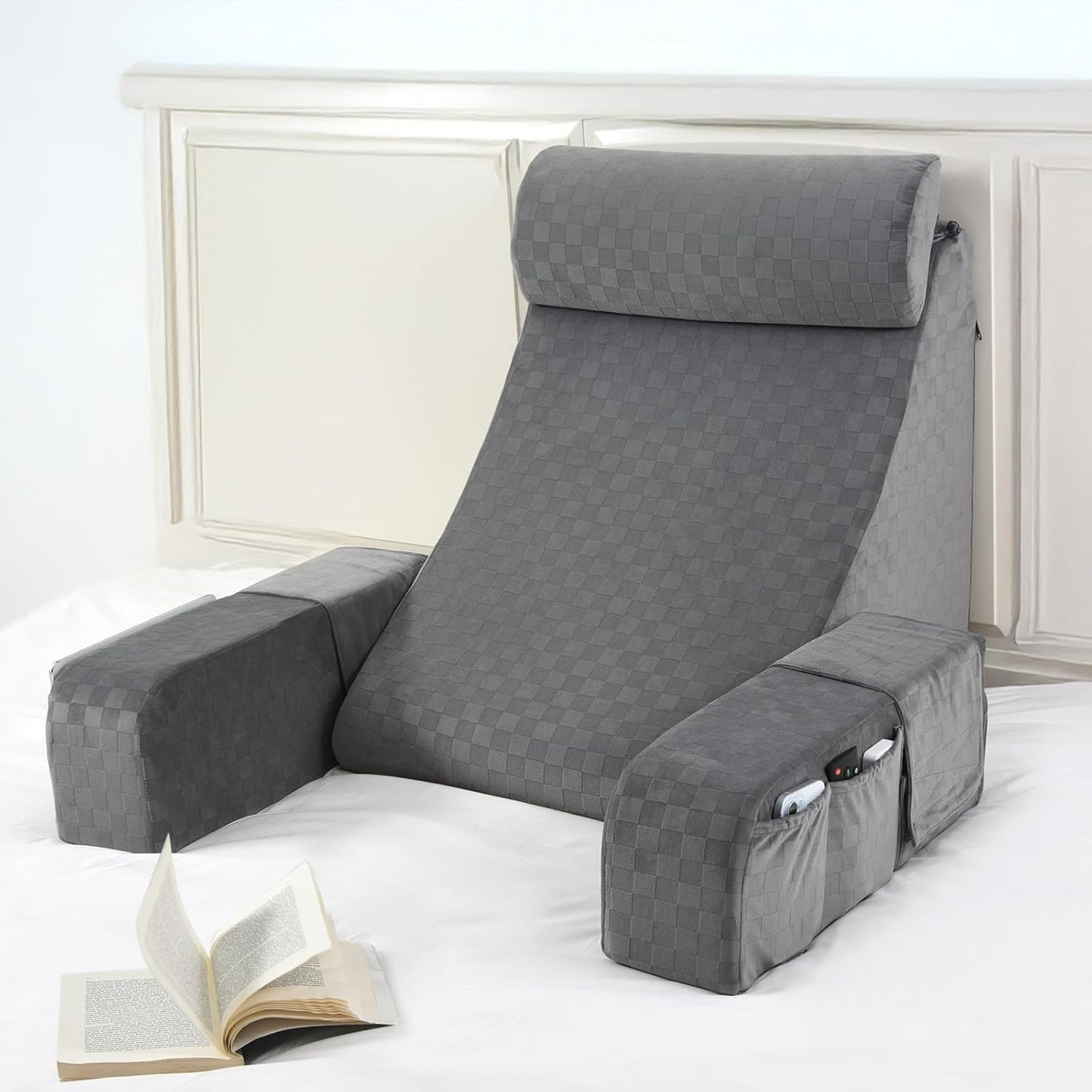 Vekkia Reading Pillow,Back Pillow for Bed Sitting Up Adult,Backrest Support Pillow with Arm and Large Pockets,Rest Chair for Reading,Gaming,Relaxing,Working or Watching TV in Bed&Floor-19in Grey