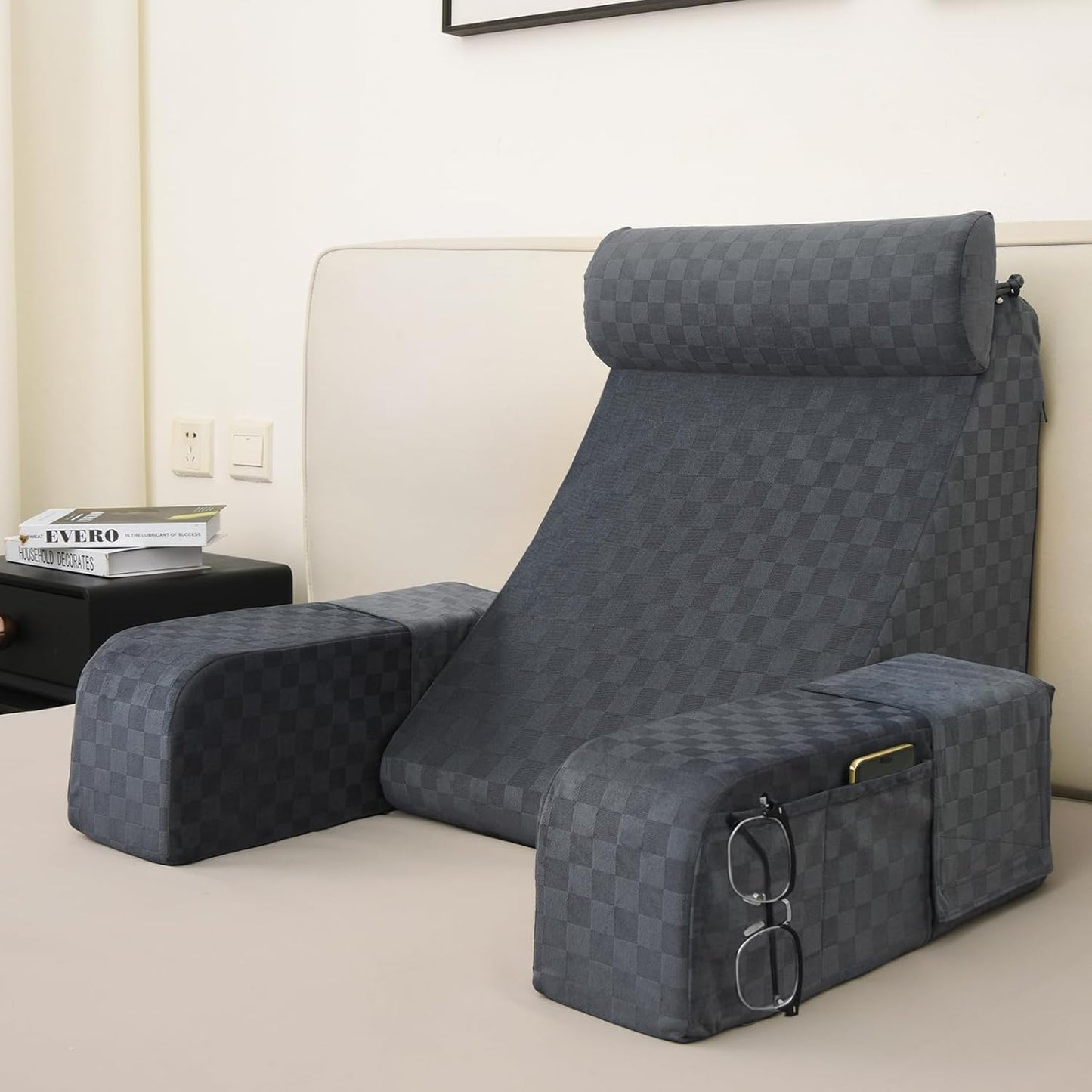 Vekkia Reading Pillow,Back Pillow for Bed Sitting Up Adult,Backrest Support Pillow with Arm and Large Pockets,Rest Chair for Reading,Gaming,Relaxing,Working or Watching TV in Bed&Floor-19in Grey