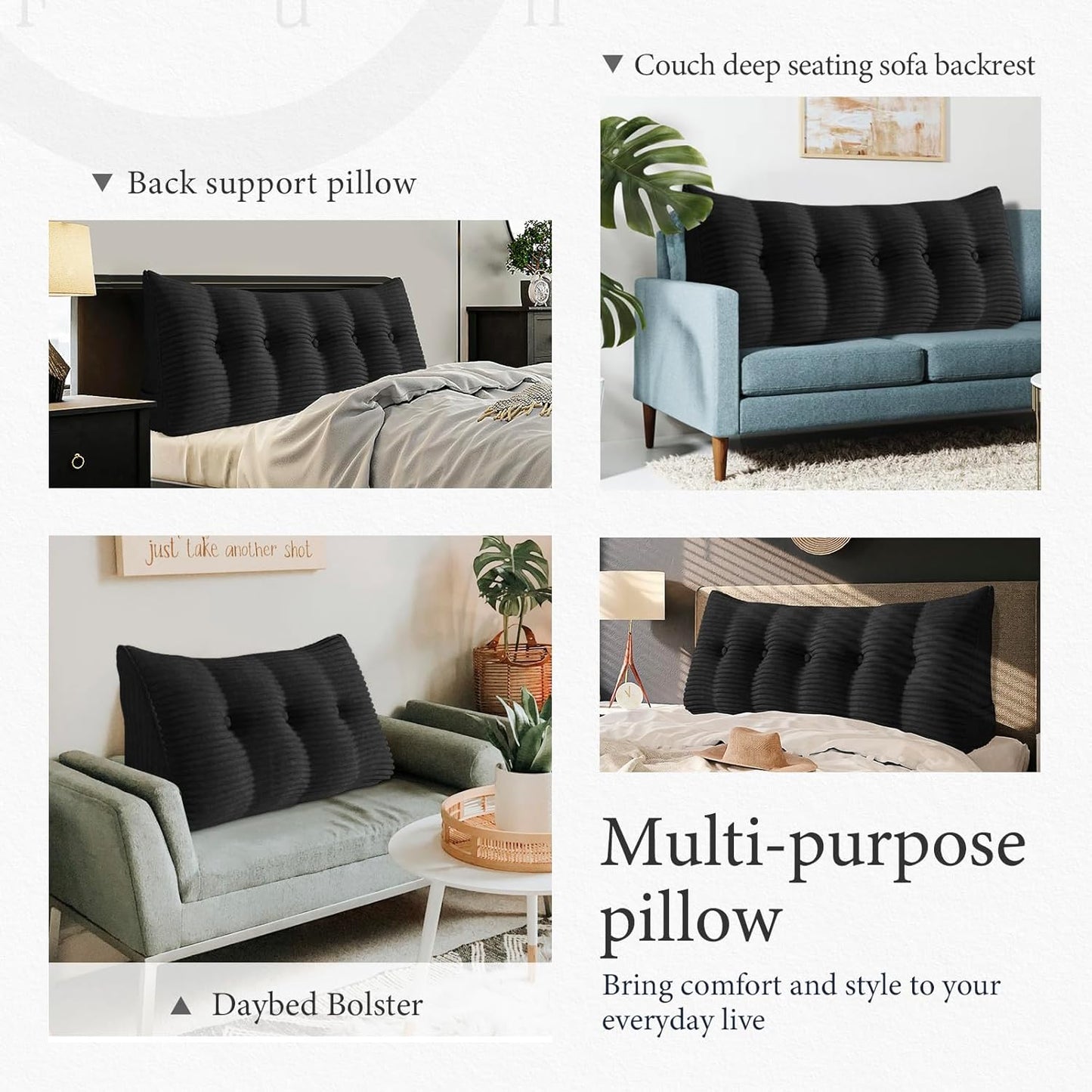 Fully Stuffed Thicken Headboard Pillow Twin Padded Headboard Soft and Firm Support Large Bolster Triangular Bed Wedge Pillow Backrest Positioning Bed Rest Reading Pillows for Bed Corduroy Black