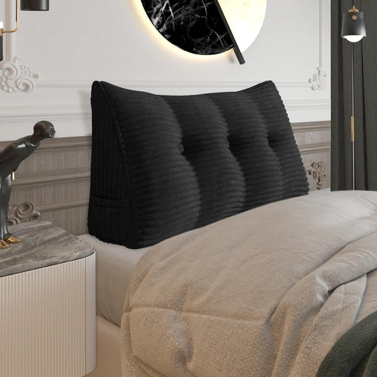 Fully Stuffed Thicken Headboard Pillow Twin Padded Headboard Soft and Firm Support Large Bolster Triangular Bed Wedge Pillow Backrest Positioning Bed Rest Reading Pillows for Bed Corduroy Black