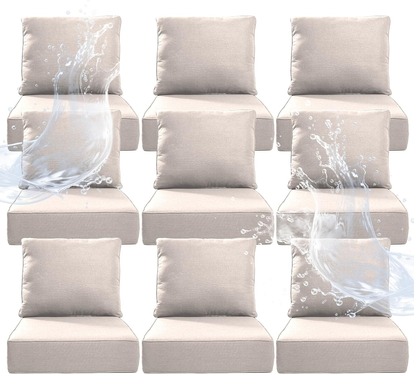6" Thicker Outdoor Chair Cushion 3 Sets - 24" *24" *6" Waterproof Patio Furniture Cushions with Removable Cover, 28D High Density Sponge Filling Thicken Outdoor Patio Cushions - Beige