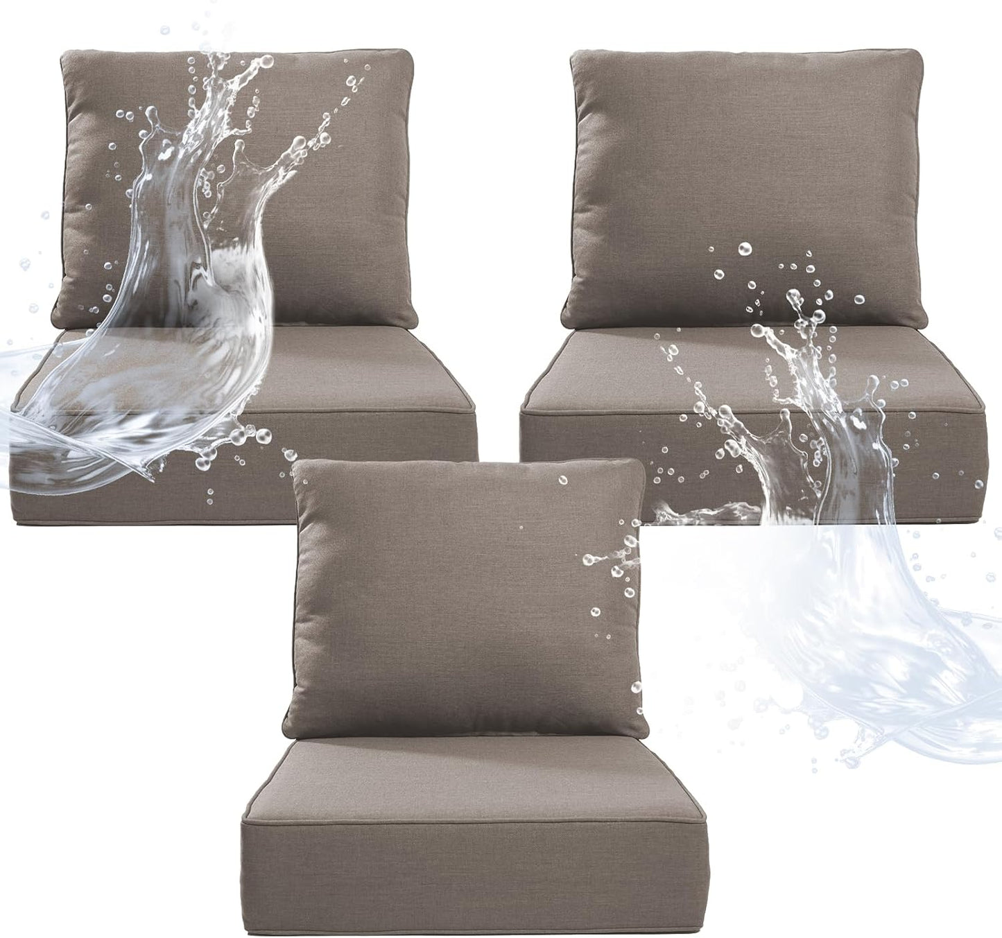 6" Thicker Outdoor Chair Cushion 3 Sets - 24" *24" *6" Waterproof Patio Furniture Cushions with Removable Cover, 28D High Density Sponge Filling Thicken Outdoor Patio Cushions - Beige