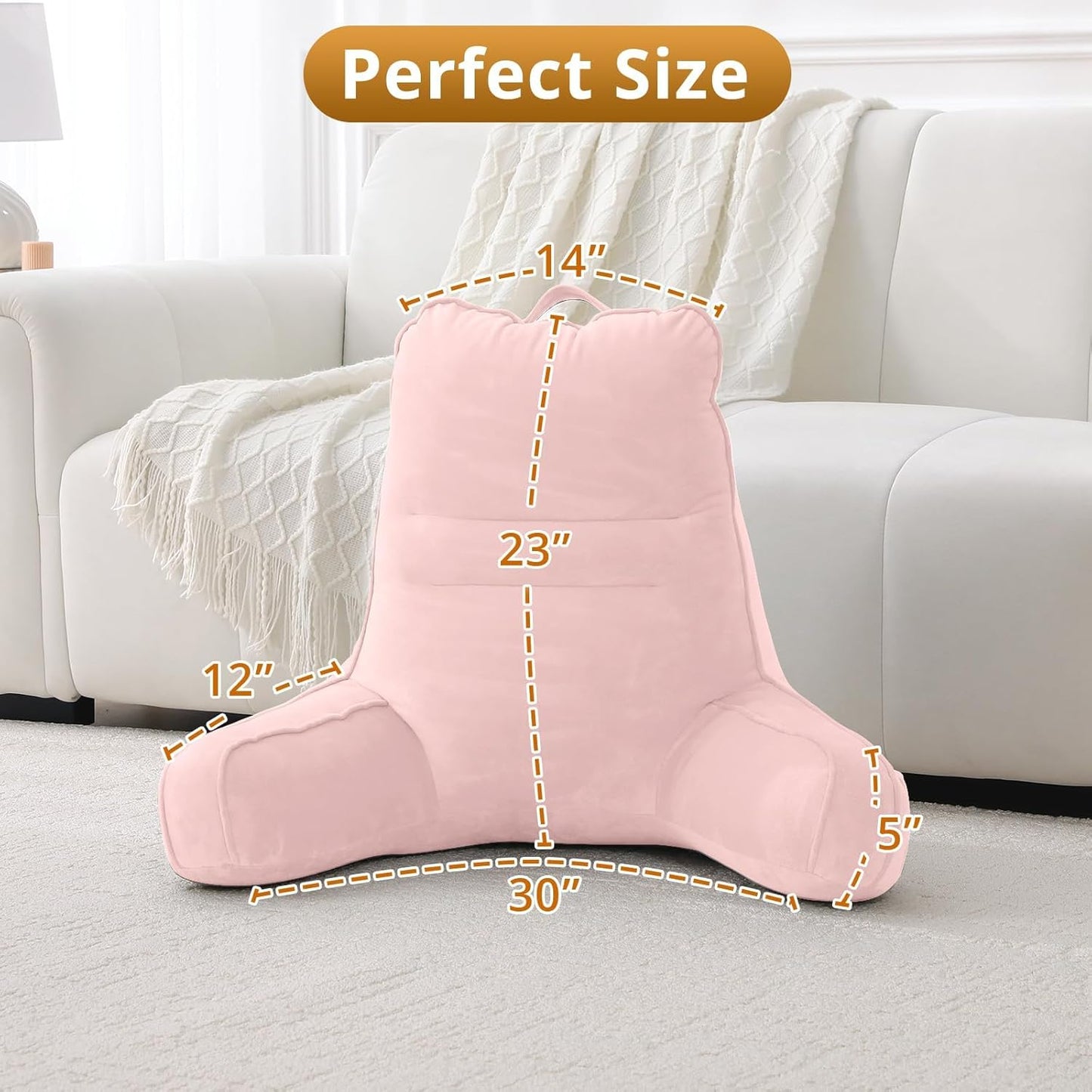 Sasttie Reading Pillow for Bed - 23 Inch, Back Pillow for Bed Sitting Up, Back-Rest Support Cushion with Side Pockets and Arms, Dorm Essentials, Oeko-Tex Certified, Pale Pink