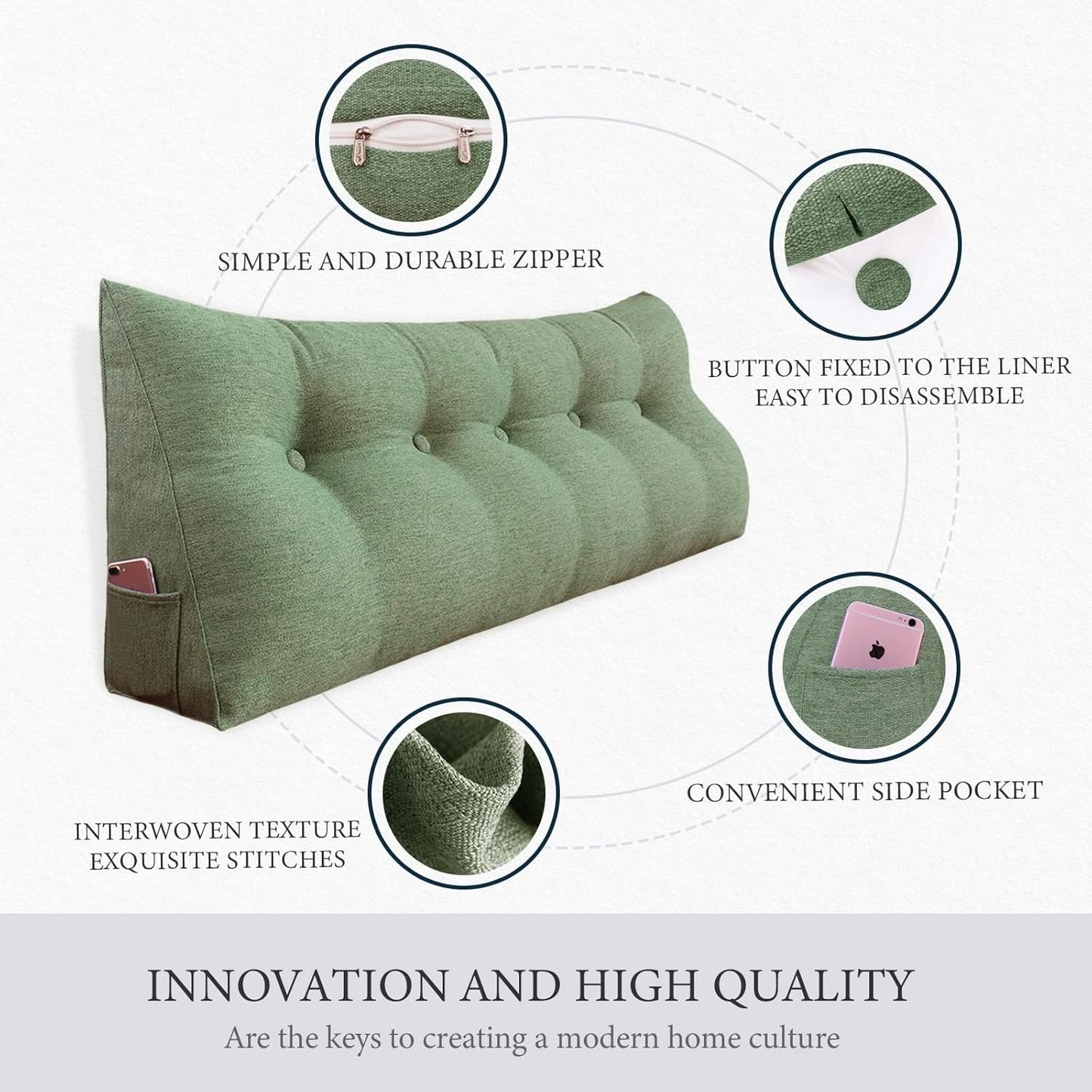 Headboard Pillow Wedge Full Size Large Bolster Pillow for Bed Triangle Reading Pillow Back Support Pillow for Sitting Up in Bed XXL Couch Rest Backrest Cushion Linen Sage Green