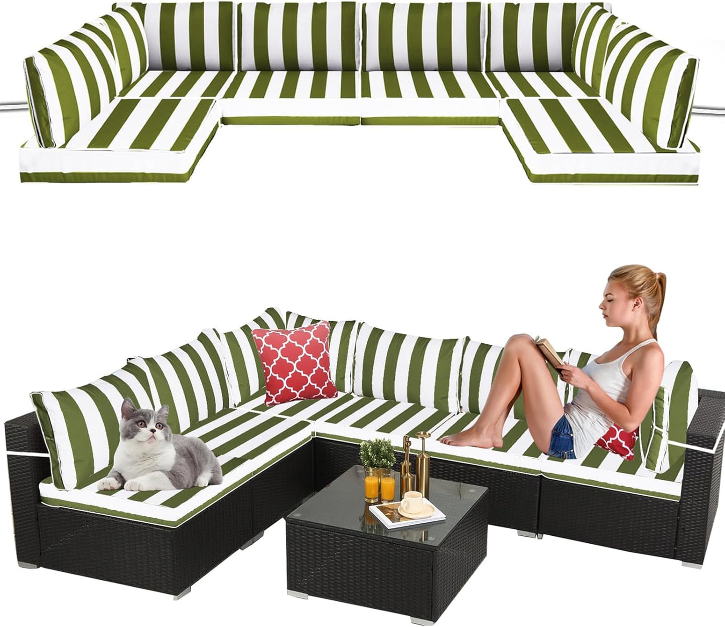 14 Pieces Outdoor Sectional Replacement Cushions for Patio Furniture, 4in Thick Outdoor Sofa Cushions for 6 Seat, Waterproof Deep Seat Couch Patio Cushions Set (Khaki)