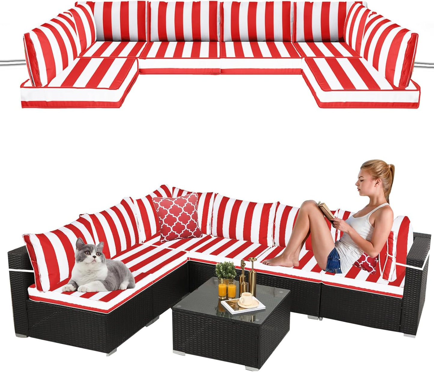 14 Pieces Outdoor Sectional Replacement Cushions for Patio Furniture, 4in Thick Outdoor Sofa Cushions for 6 Seat, Waterproof Deep Seat Couch Patio Cushions Set (Khaki)