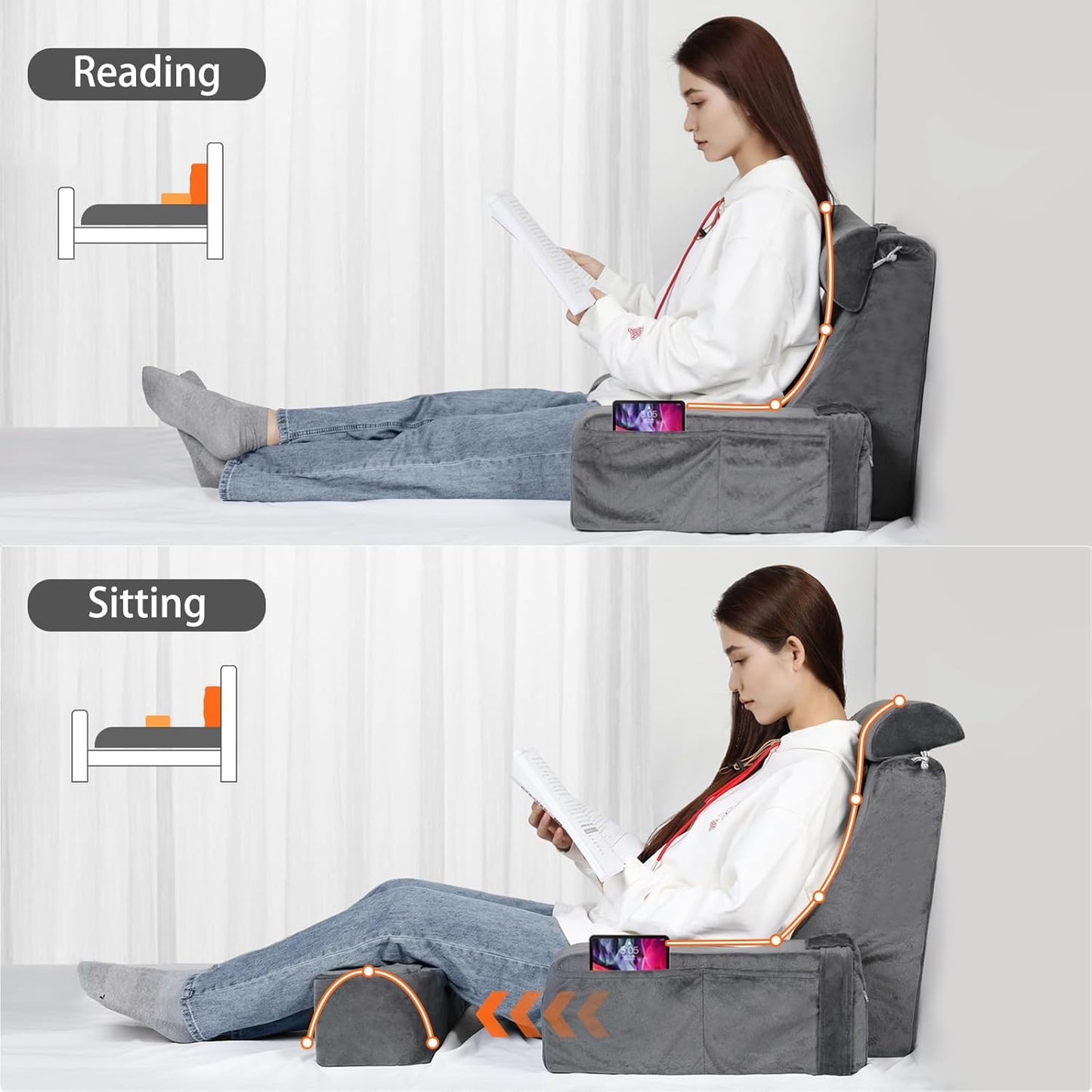 Reading Pillow for Sitting in Bed - Back Pillow for Sitting Up - Back Support Pillow with Detachable Neck Roll & Arms - Full Support - Reading & Bed Rest Pillows for Watching TV/Reading/Gaming