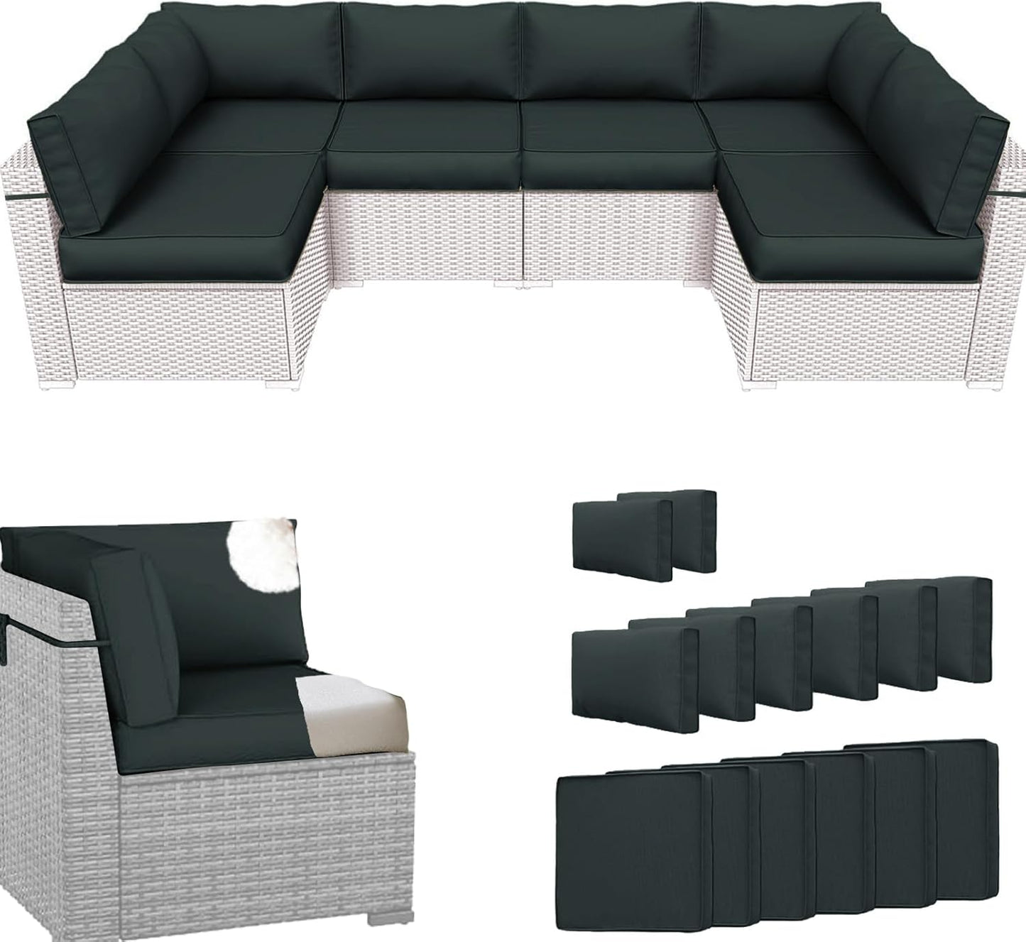 14Pcs Outdoor Sectional Replacement Cushion Set, Waterproof Furniture Cushion, Outside Couch Coushions for 6-Seat Wicker Conversation Sets(Liner&Cover) (Black and White Stripes)