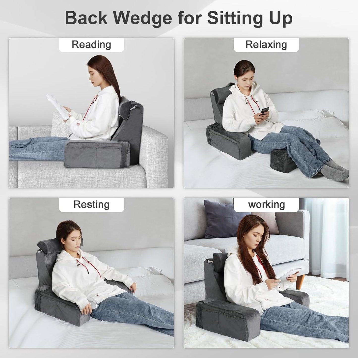 Reading Pillow for Sitting in Bed - Back Pillow for Sitting Up - Back Support Pillow with Detachable Neck Roll & Arms - Full Support - Reading & Bed Rest Pillows for Watching TV/Reading/Gaming