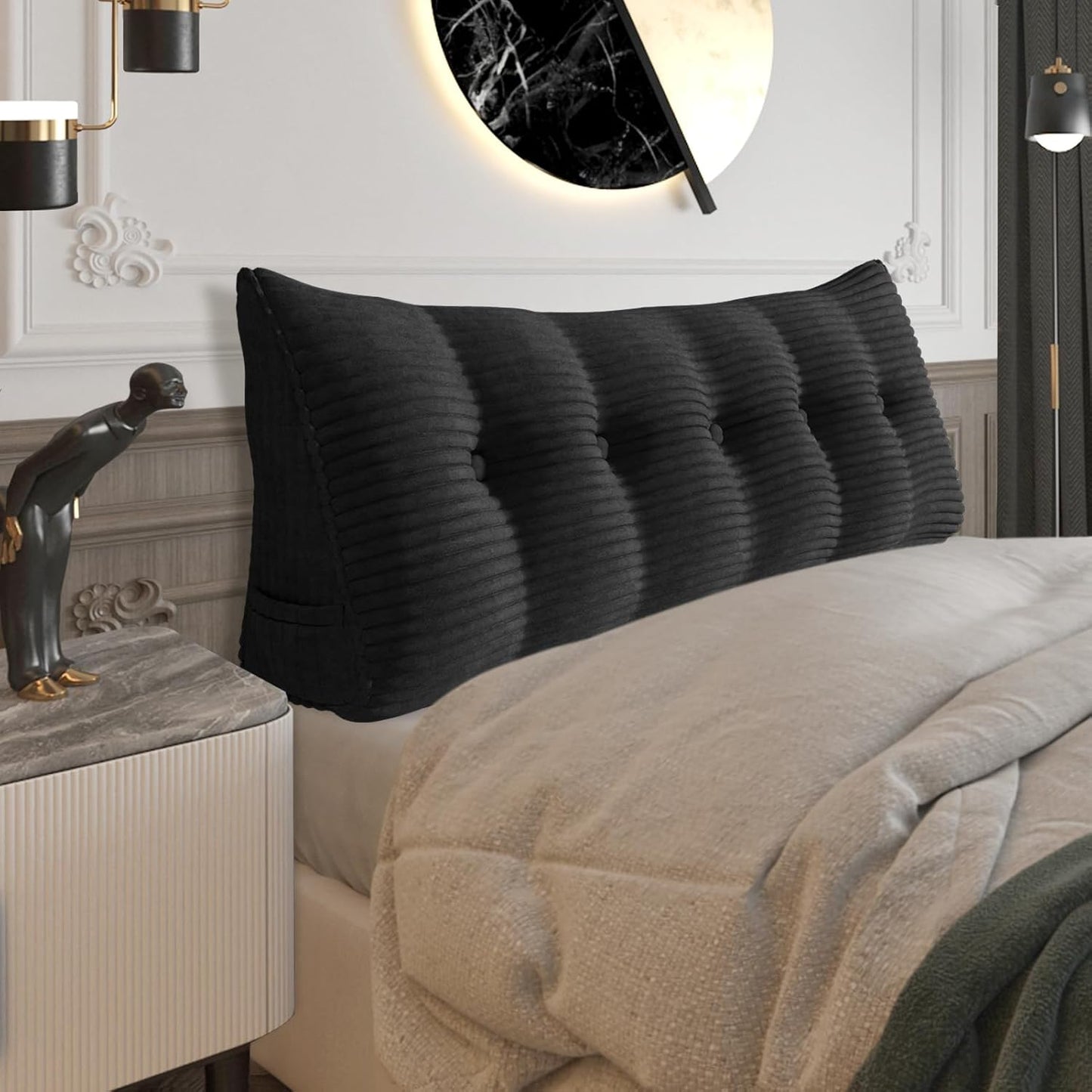 Fully Stuffed Thicken Headboard Pillow Twin Padded Headboard Soft and Firm Support Large Bolster Triangular Bed Wedge Pillow Backrest Positioning Bed Rest Reading Pillows for Bed Corduroy Black