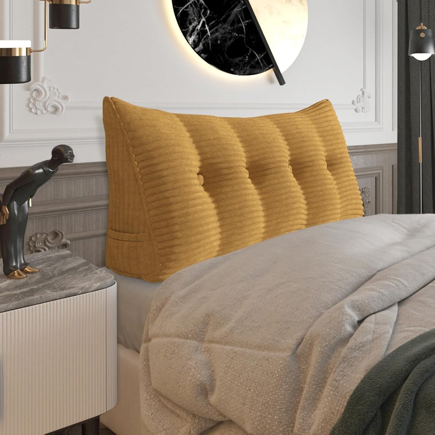 Fully Stuffed Thicken Headboard Pillow Twin Padded Headboard Soft and Firm Support Large Bolster Triangular Bed Wedge Pillow Backrest Positioning Bed Rest Reading Pillows for Bed Corduroy Black