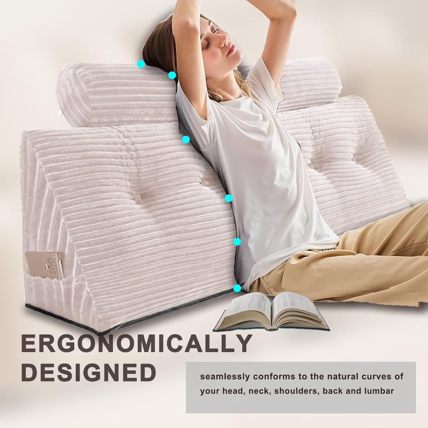 Headboard Pillow for Perfect Reading and Relaxation - Beige Wedge Backrest Pillow for Bed,Daybed,and Lounging - Supportive and Stylish Long Pillow for Sitting and Sleeping Queen (59x8x20 Inches)