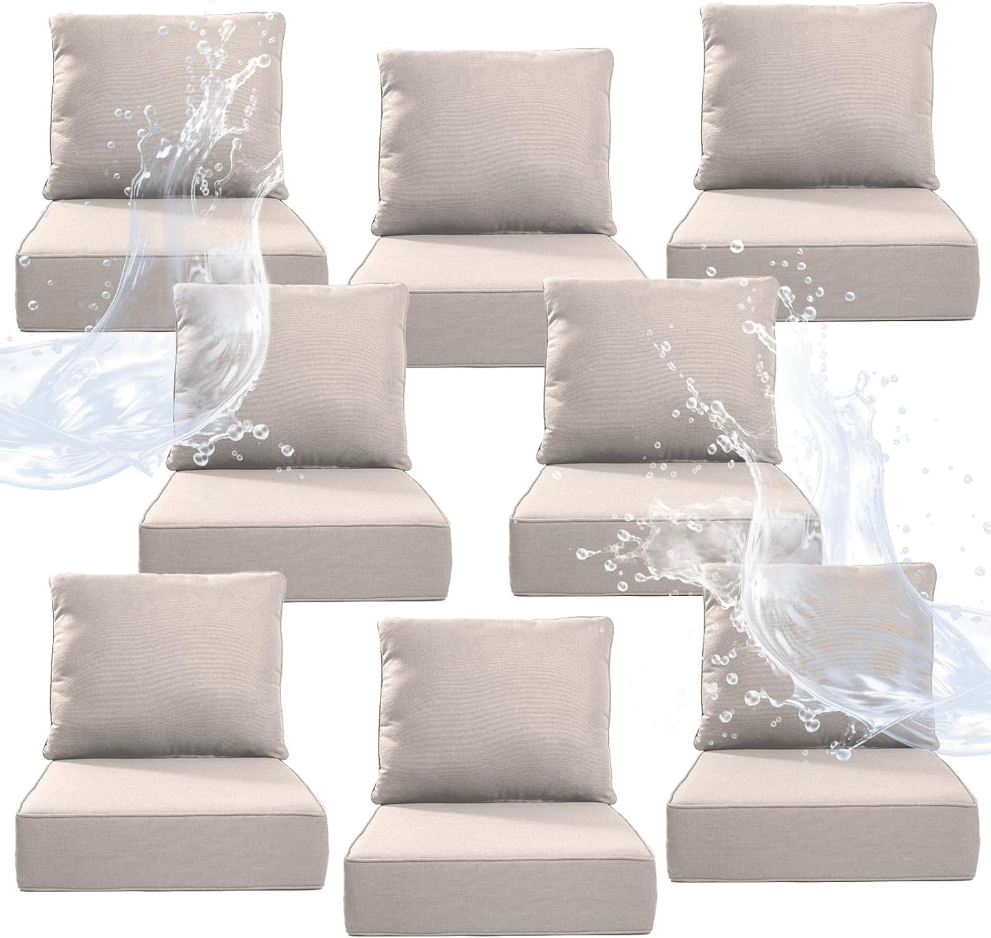 6" Thicker Outdoor Chair Cushion 3 Sets - 24" *24" *6" Waterproof Patio Furniture Cushions with Removable Cover, 28D High Density Sponge Filling Thicken Outdoor Patio Cushions - Beige